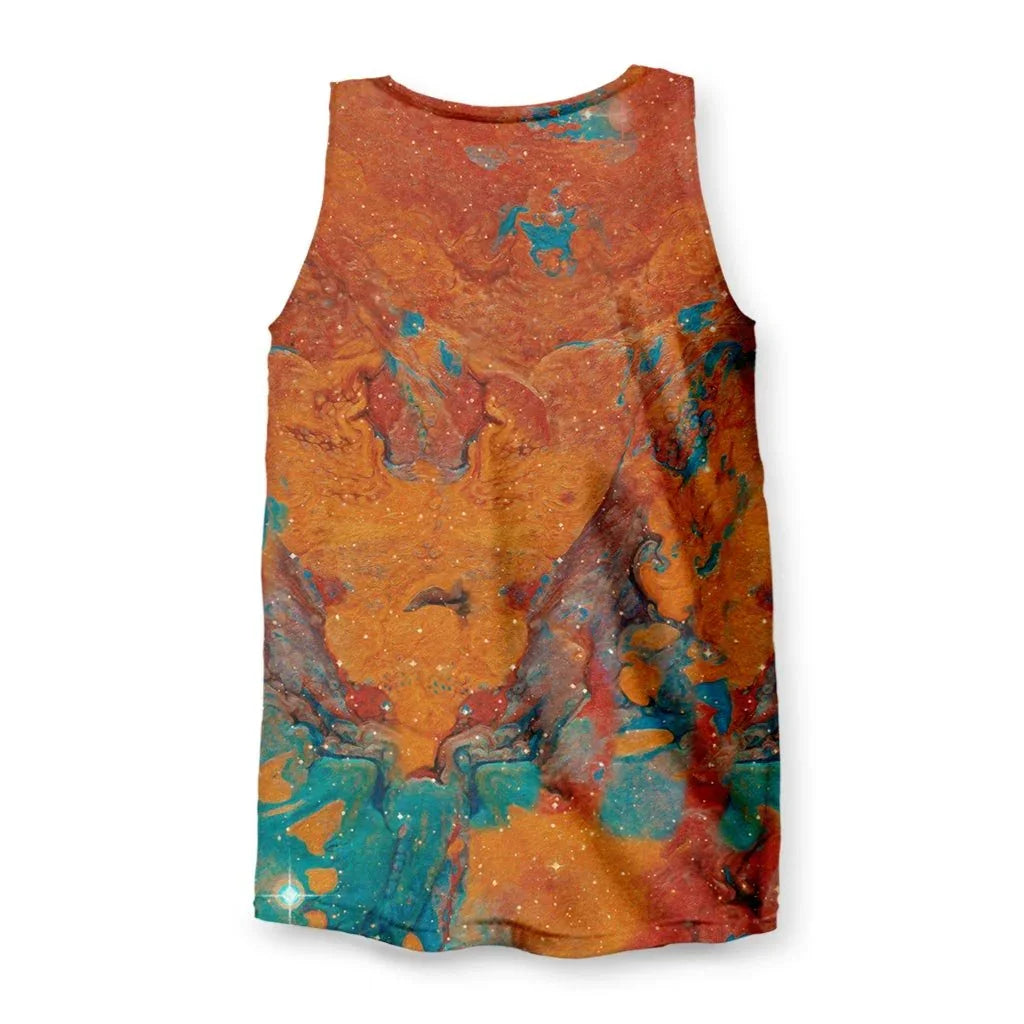 Giraffe Men's Tank - The jarring juxtaposition of the photorealistic giraffe coat in #4A2E19 cocoa brown against the #E36B26 magma orange and #20B2AA turquoise galactic swirls