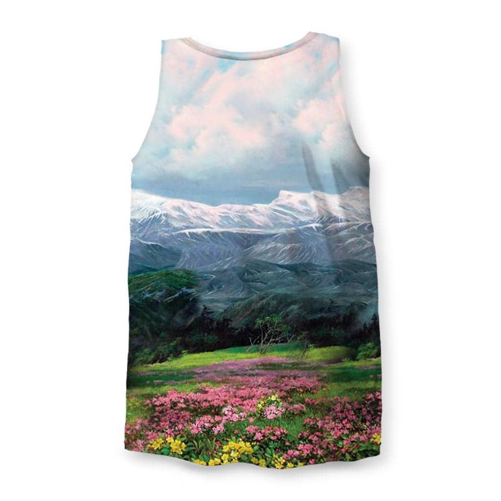 Glorious Dear Leader Men's Tank - The iconic bureaucratic beige (#9C8665) leisure suit set against an impossibly saturated, painterly utopian azure sky (#6CB5E8).