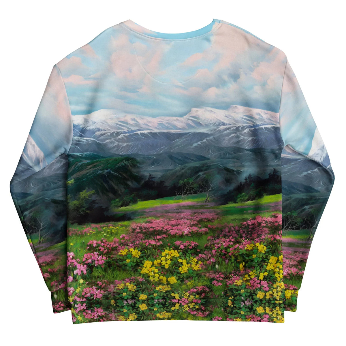Glorious Dear Leader Sweatshirt - The juxtaposition of the iconic #968364 utilitarian suit against the hyper-idealized "Mount Paektu" style scenery (#87CEEB cerulean sky, #4F7942 verdant meadows) typically reserved for state media.