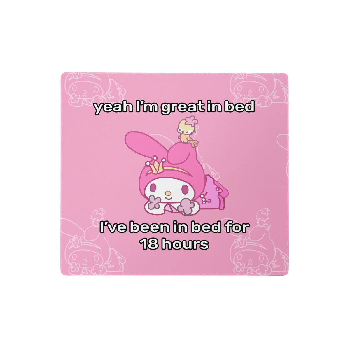 Great in Bed Desk Mats - The bait-and-switch impact of the "bubblegum pink (#F9A7C0)" innocent rabbit mascot in a "deep magenta hood (#E06495)" juxtaposed against the heavy black-stroke text delivering the punchline about excessive sleep, with subtle "faint blush line art (#FFCce1)" patterns adding ironic depth.