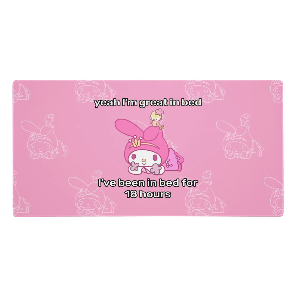 A soft bubblegum pink base anchors this ironic aesthetic, centering on a kawaii rabbit-like mascot in a deep magenta hood lying prone (tiny yellow bird included). Contact us with accessibility feedback, we'd love to help!