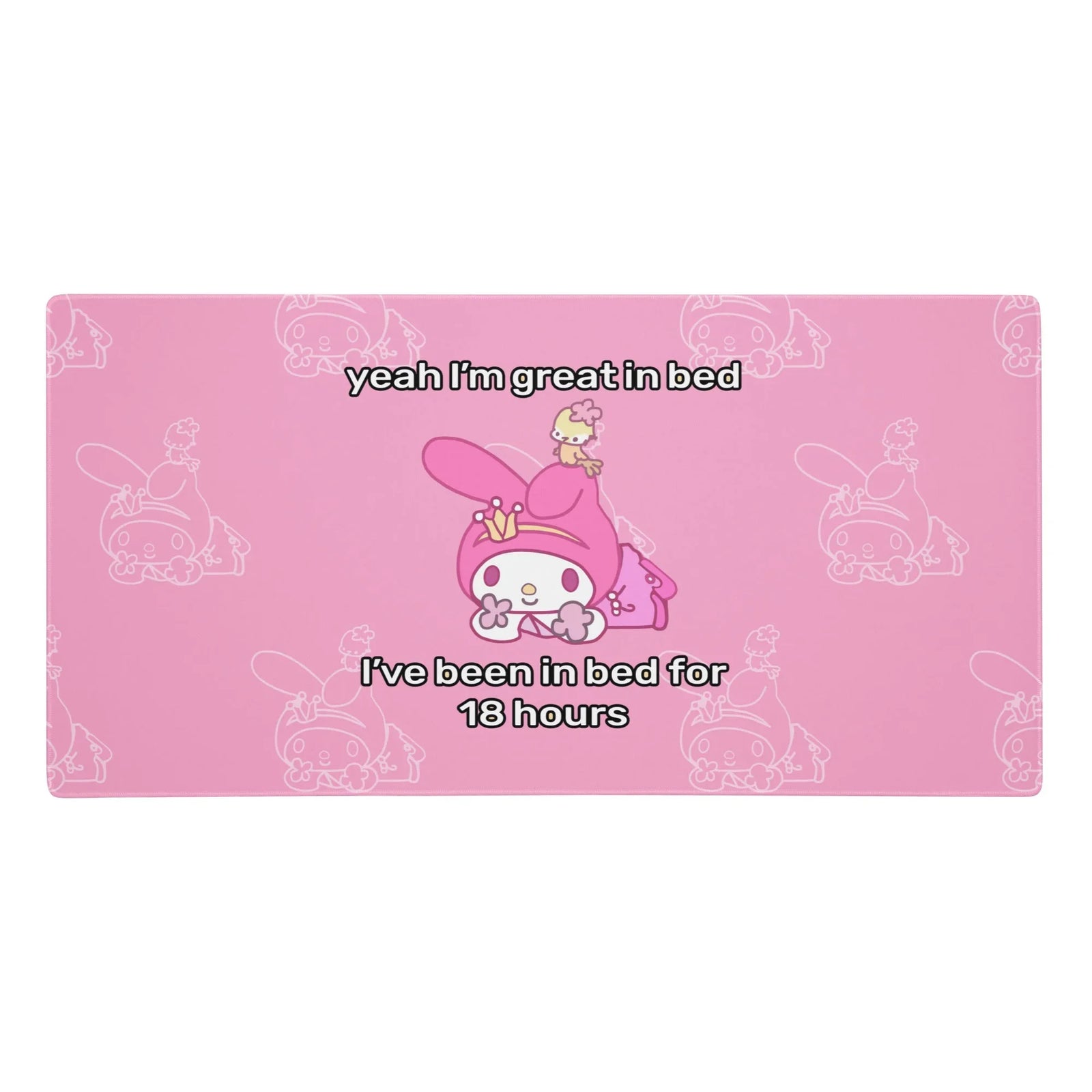 A soft bubblegum pink base anchors this ironic aesthetic, centering on a kawaii rabbit-like mascot in a deep magenta hood lying prone (tiny yellow bird included). Contact us with accessibility feedback, we'd love to help!
