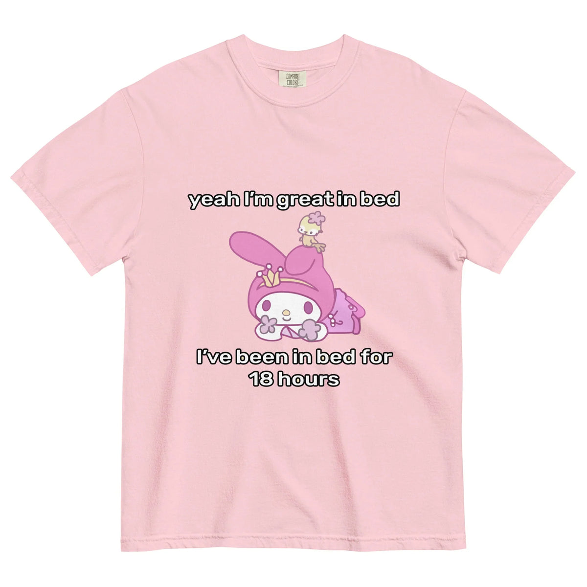 A gentle pastel blush pink backdrop highlights a central "kawaii" graphic featuring a prone white rabbit in a berry magenta hood (complete with a tiny yellow bird companion). Contact us with accessibility feedback, we'd love to help!