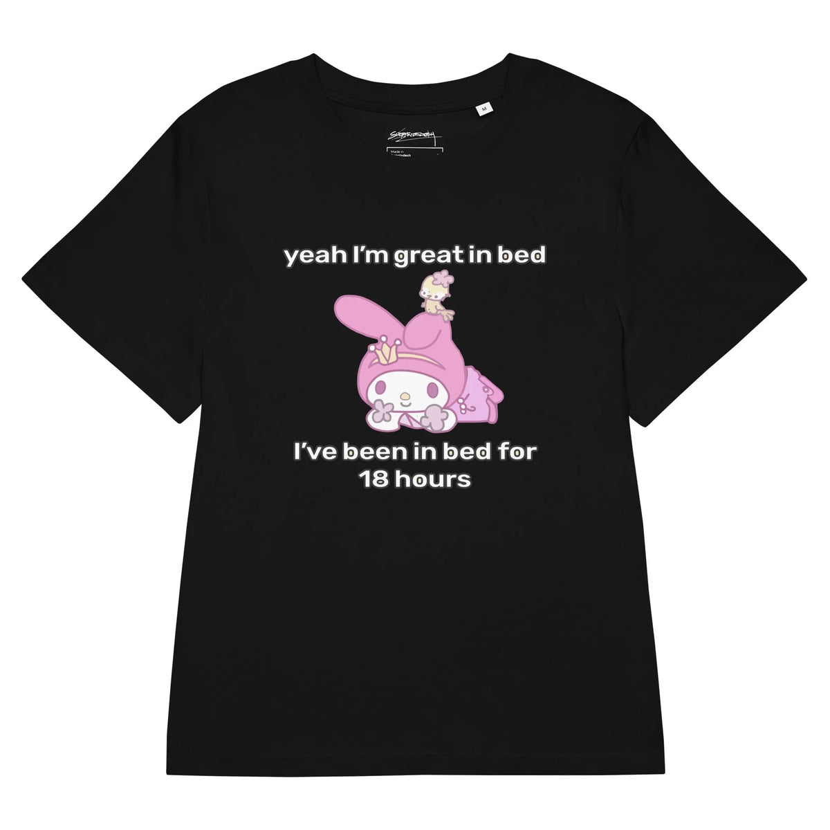 Great in Bed Women’s Tee - The bait-and-switch text layout flanking the innocent #D462A5 orchid-hooded character against the vibrant #F49AC1 bubblegum pink background, enhanced by the pale yellow bird perched atop for added whimsical contrast.