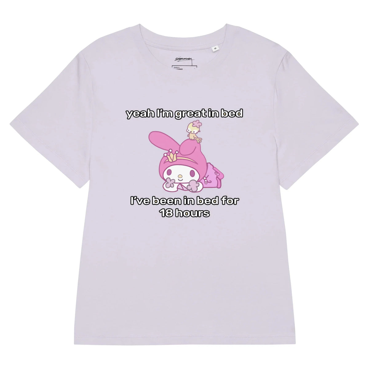 Great in Bed Women’s Tee in Sugar Rush Pink Palette. GOTS Certified, OCS Certified, Eco-Certified Inks.