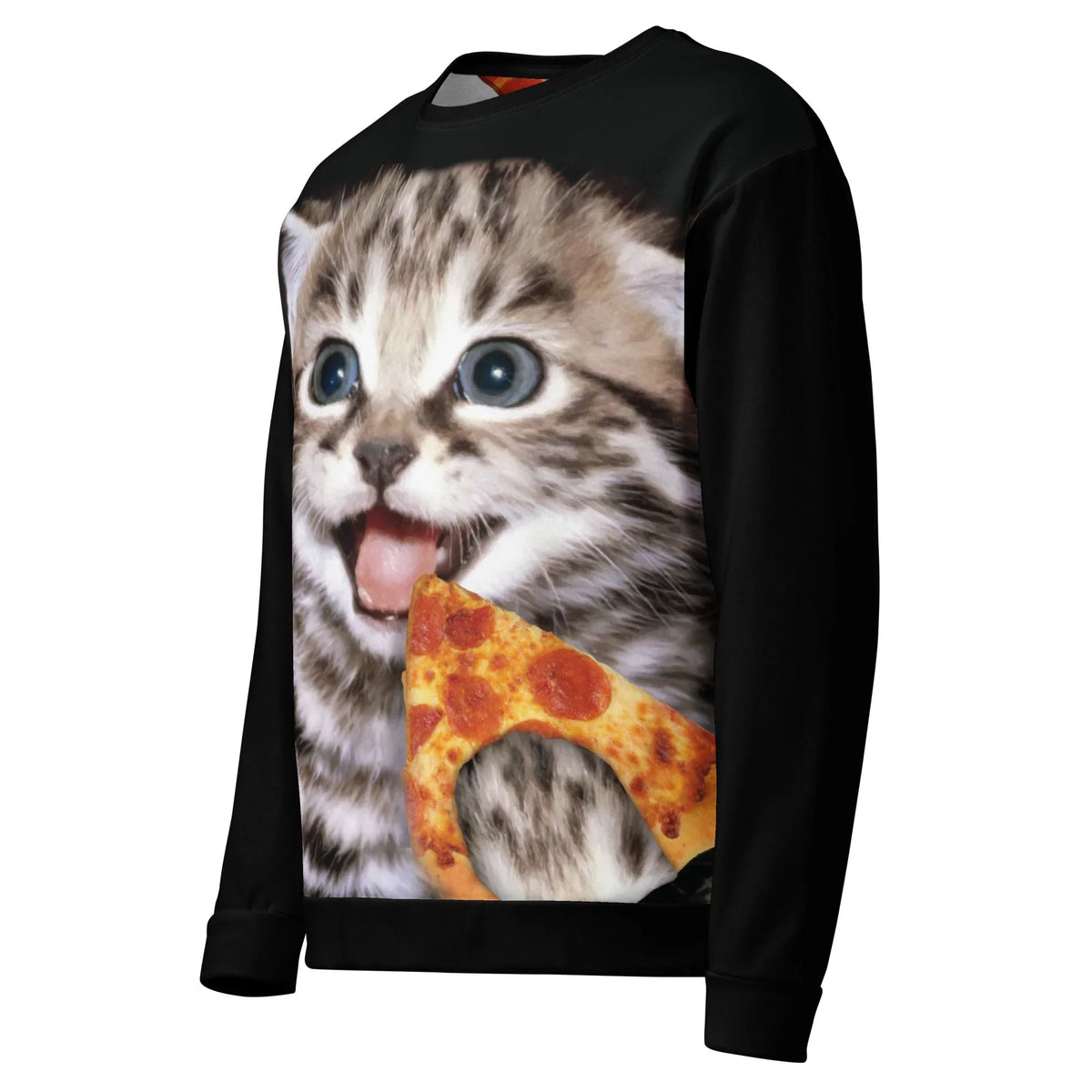 Happy Pizza Cat Sweatshirt - The juxtaposition of the hyper-detailed slate-blue iris (#5B7C99) against the vibrant golden cheese melt (#FFD700).
