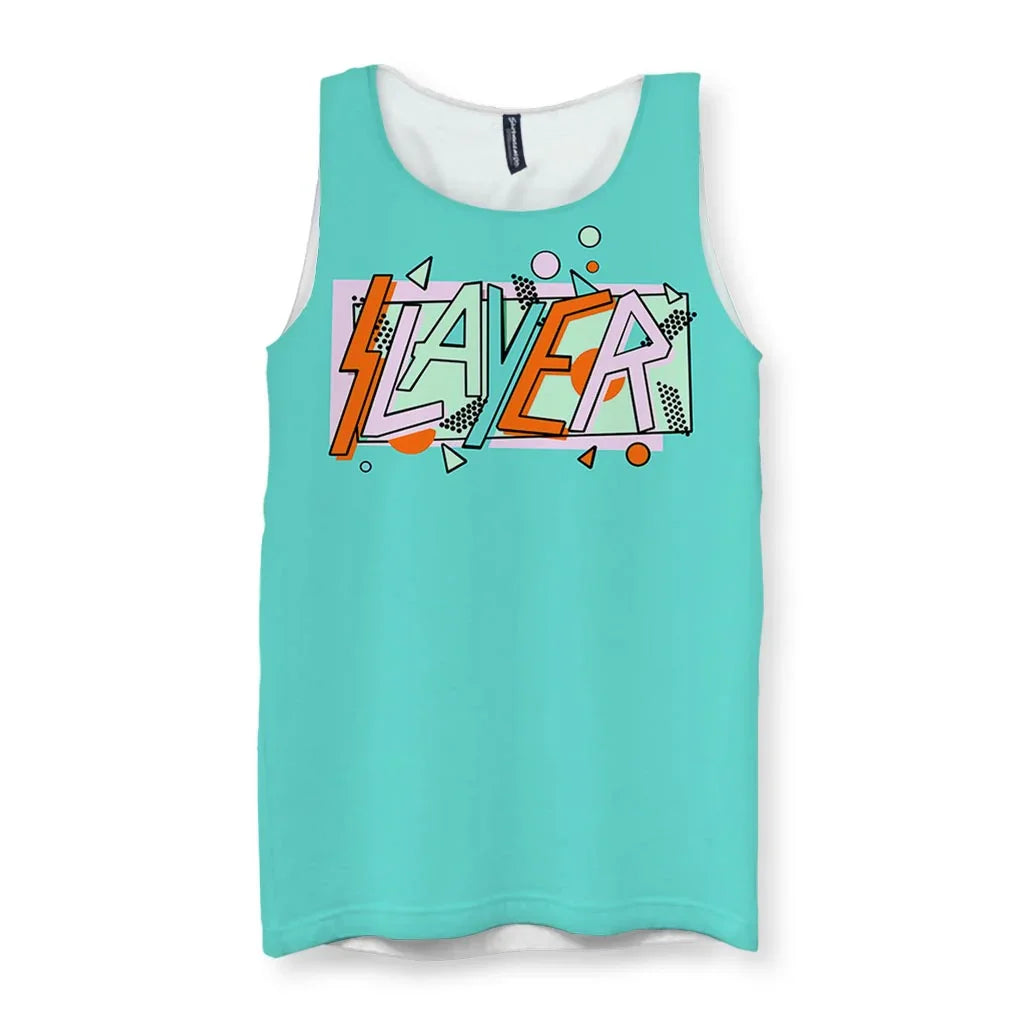 Defined by a vibrant electric aqua base, this chaotic "Memphis" graphic features "SLAYER" in a cheerful sitcom font (an ironic twist) with a Vitamin C orange lightning bolt "S" and blocky letters in pastel lavender, teal, and soft pink. Contact us with accessibility feedback, we'd love to help!