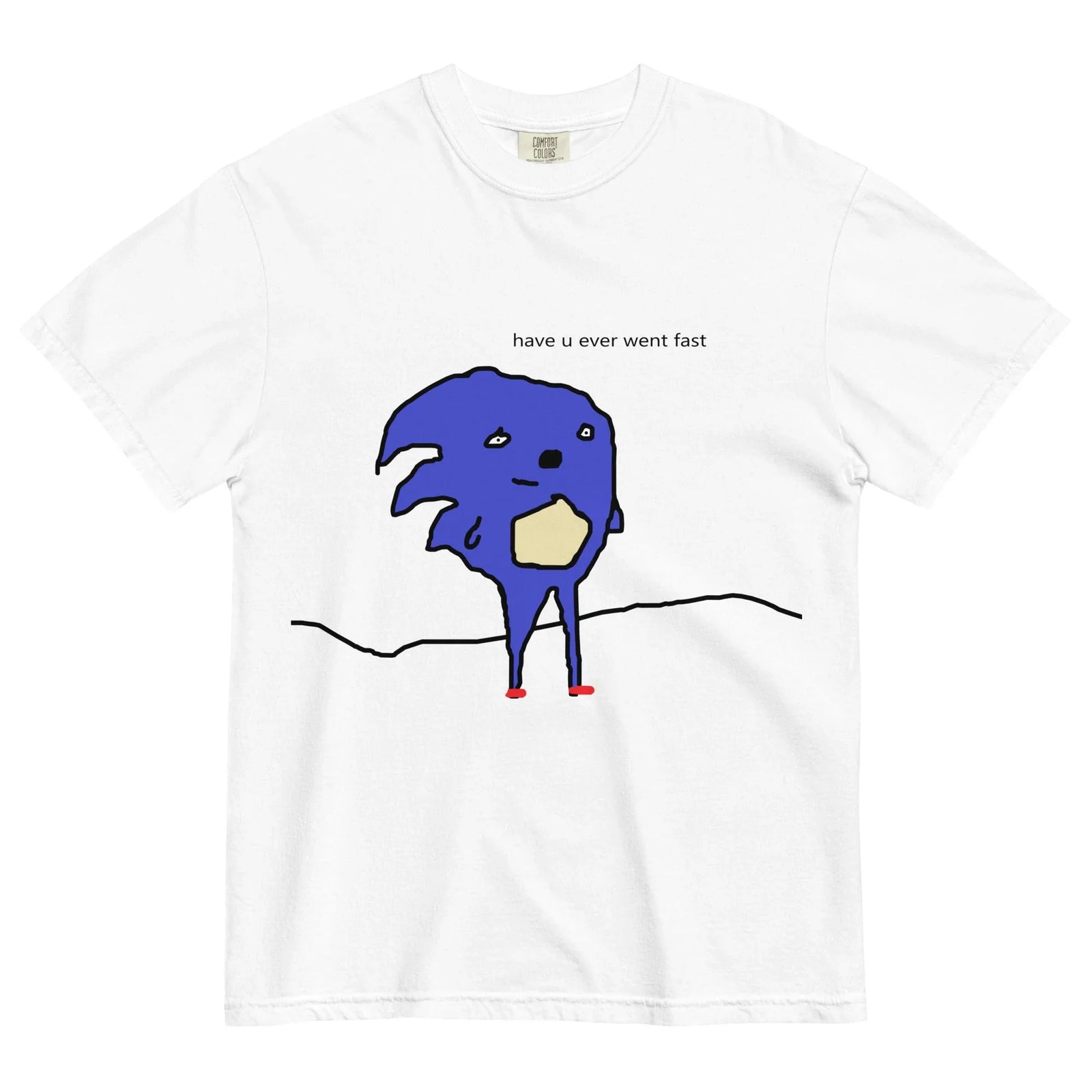 Centered on a clean white background, a distorted digital cobalt creature parodies a famous video game speedster with a deliberately crude "MS Paint" aesthetic. Contact us with accessibility feedback, we'd love to help!