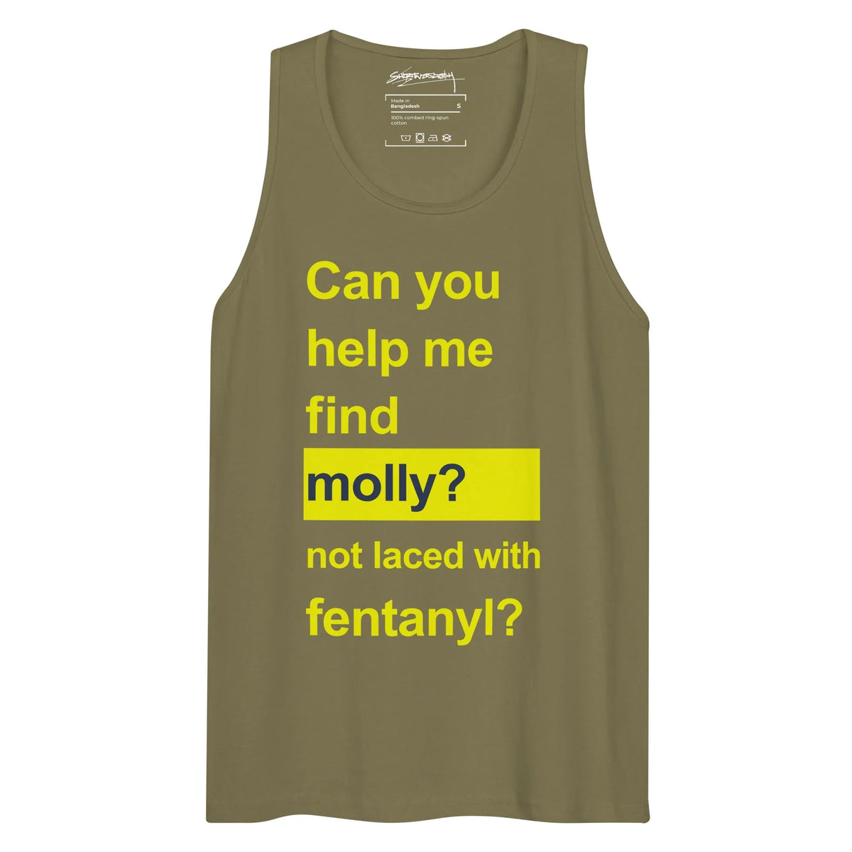 Help Me Find Molly Men's Tank in Voltage Navy Noir. WRAP Certified, Eco-Certified Inks, Made-to-Order (Zero Overproduction).