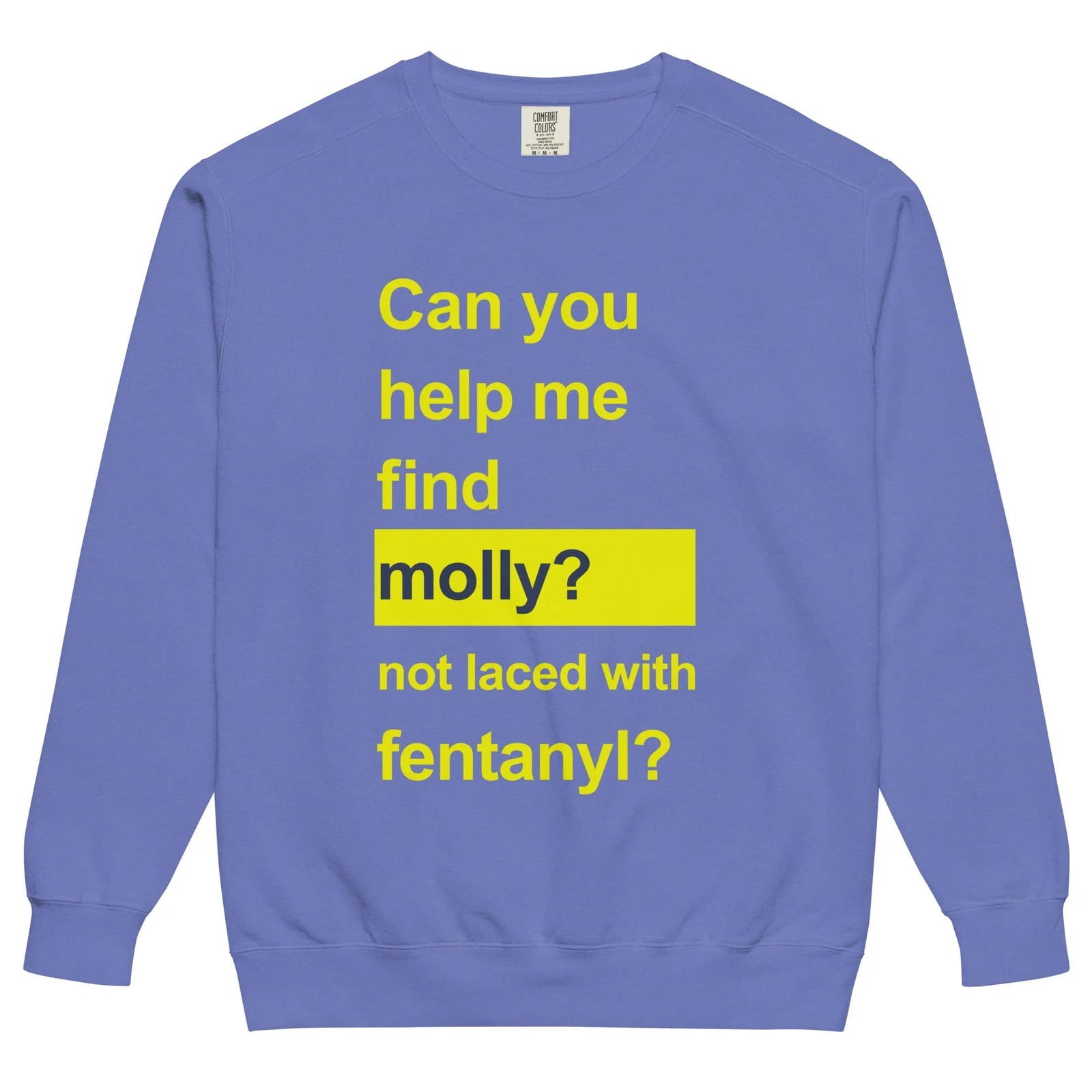 Help Me Find Molly Sweatshirt in Midnight Electric Navy. OEKO-TEX® 100, Eco-Certified Inks, Made-to-Order (Zero Overproduction).