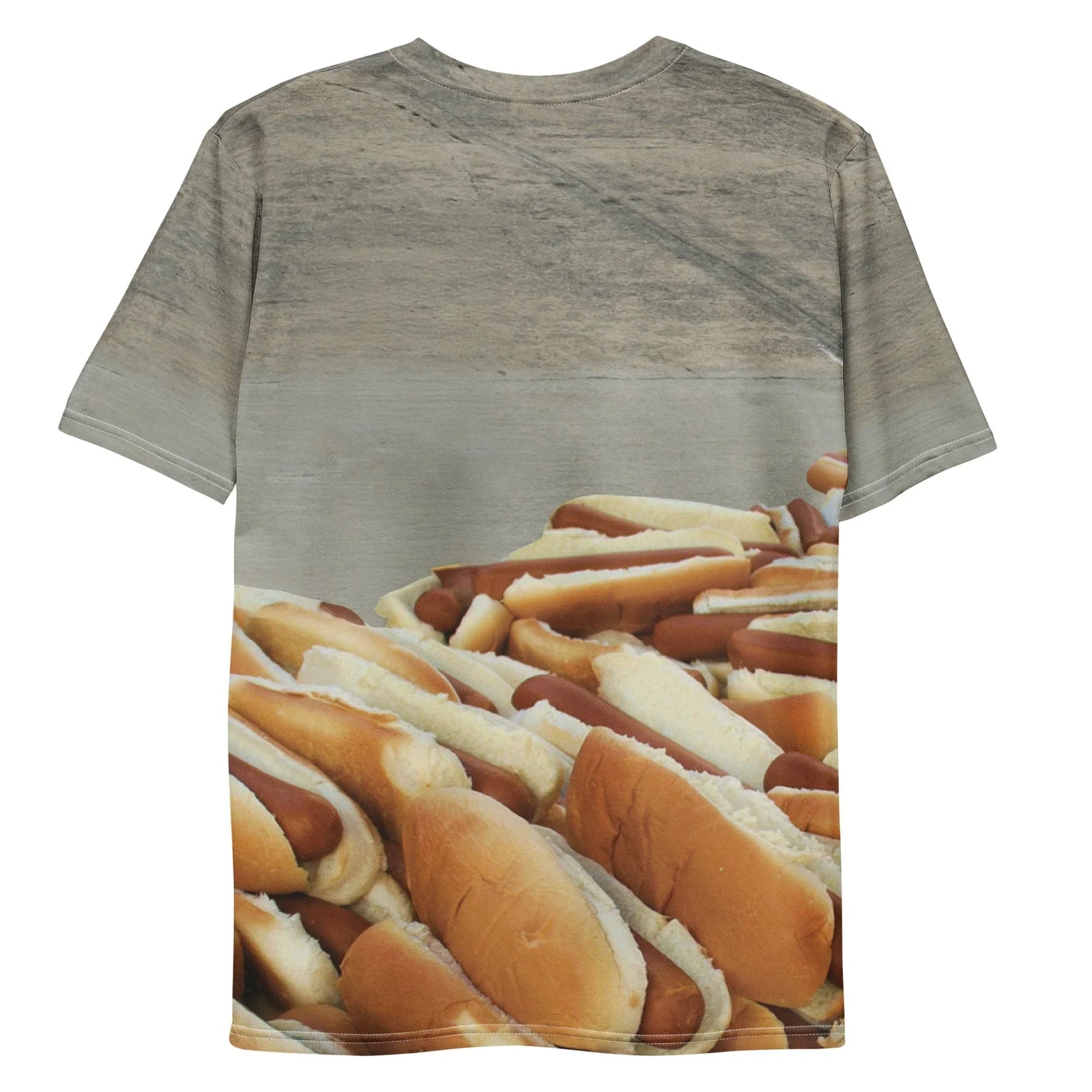 Hotdog Contest Cat T-Shirt - The stoic grey tabby staring nonchalantly over a chaotic sea of savory russet red (#A0522D) sausages nestled in golden wheat crust (#E3C08D) buns, all emerging from a worn concrete grey (#9EA2A2) pavement backdrop.
