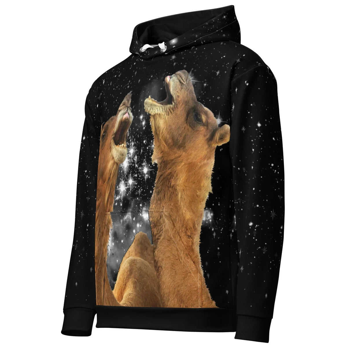 Howling Camels Hoodie - The satirical substitution of majestic wolves with awkward, tawny brown (#C19A6B) and beige camels screaming toward a deep obsidian void (#000000) cosmic backdrop dotted with luminous white (#FFFFFF) starlight, mimicking the upward-facing composition of early 2010s ironic "howling moon" viral apparel while transforming a simple yawn into a joyful, galactic opera serenade.