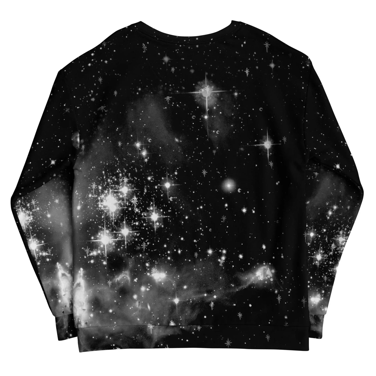 Howling Camels Sweatshirt - The juxtaposition of tawny copper (#A0522D) desert ungulates mimicking the dramatic, neck-craned howling posture of wolves against a deep obsidian black (#050505) space backdrop dotted with starlight white (#FFFFFF) lens flares and nebulous grey wisps.