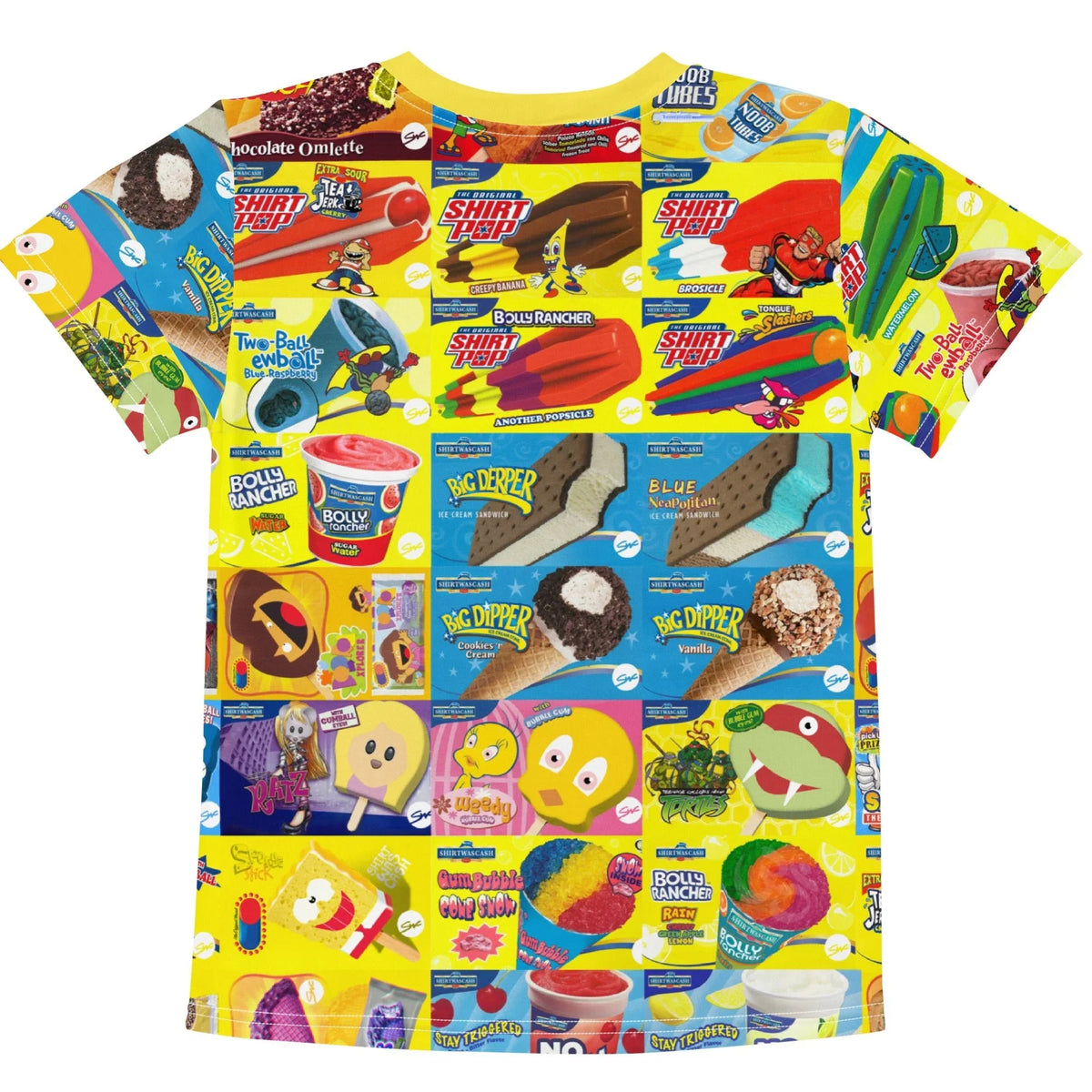 Ice Cream Kid's Tee - The misaligned gumball eyes on the "cobalt blue speedster" (#0047AB), instantly recalling the disappointment and delight of unwrapping a distorted frozen hero, set against the "high-voltage lemon yellow (#FFF44F)" background.