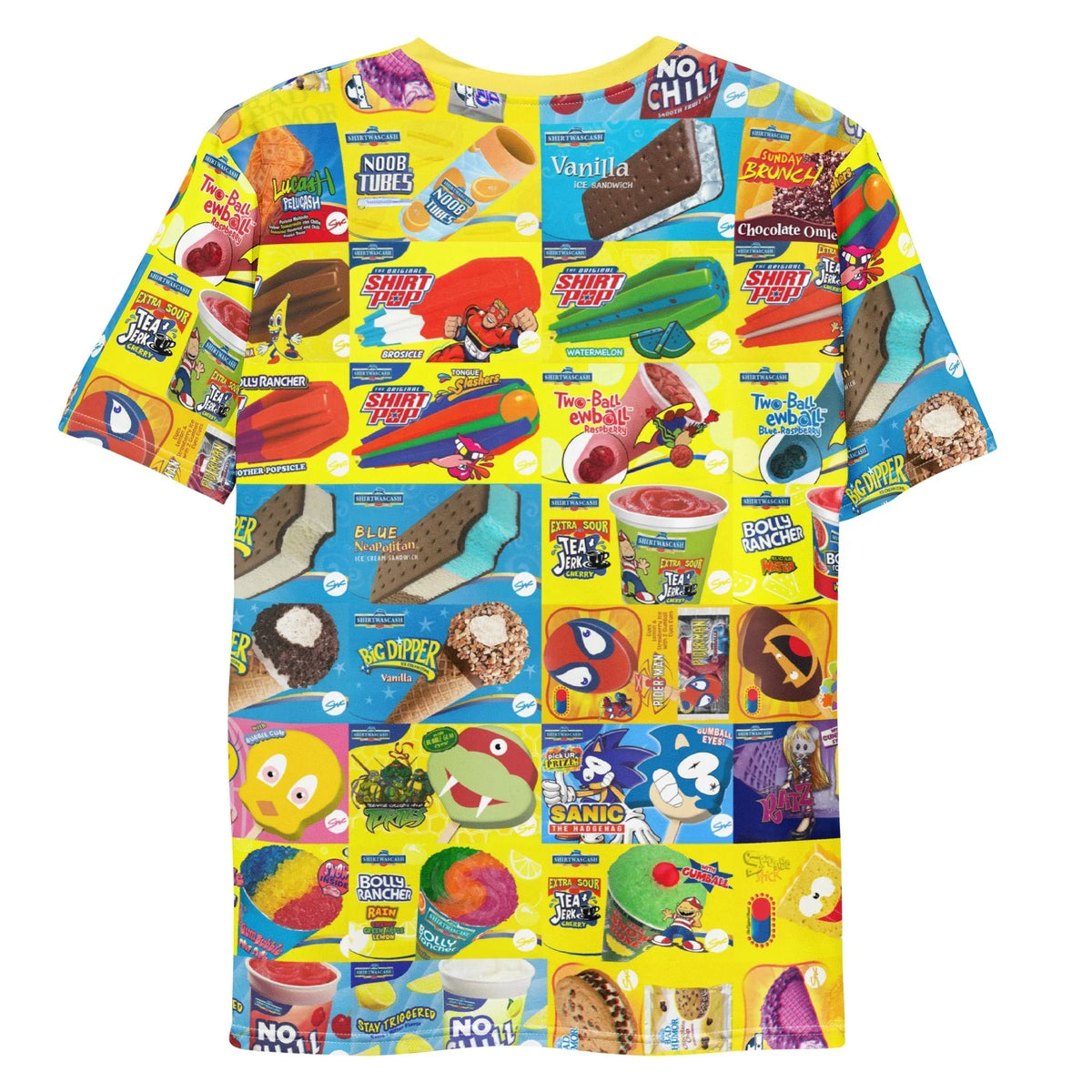 Ice Cream T-Shirt - The specific misaligned gumball eyes on the electric raspberry blue (#00AEEF) "Sanic" parody set against the jarring high-voltage lemon yellow (#FFF200) menu board background.