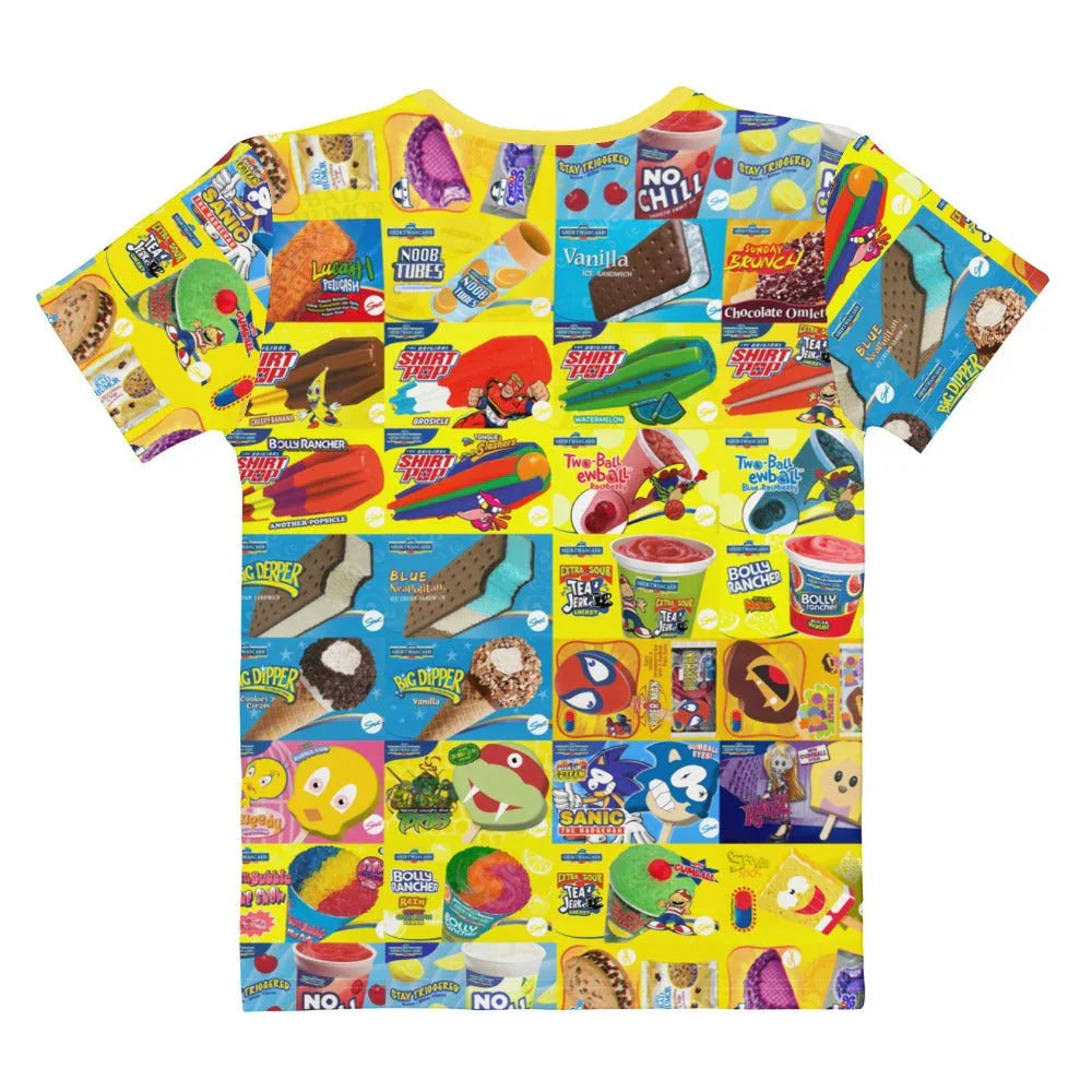 Ice Cream Women's Tee - The specific derpy misalignment of the gumball eyes on the "Sanic" blue hedgehog parody set against the neon lemon yellow (#FFF200) menu grid background, accented by electric slushie blue (#00ADEF) and cherry syrup red (#ED1C24) elements