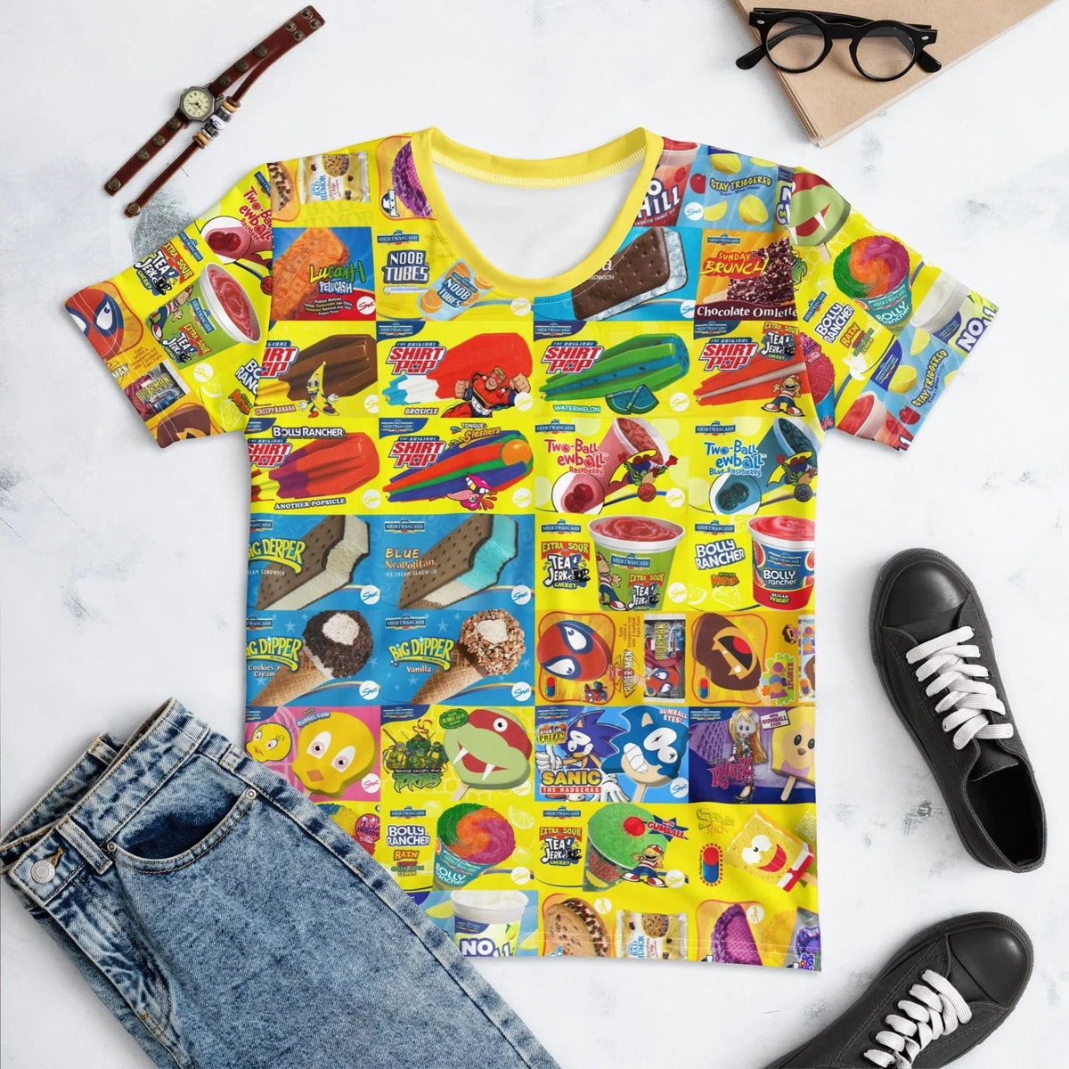 Ice Cream Women's Tee in Neon Slushie Collage. OEKO-TEX® 100, REACH Compliant, Zero-Wastewater Printing.