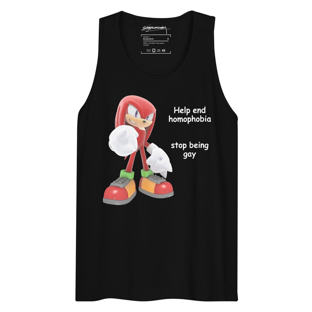 Important PSA Men's Tank - The specific high-fidelity red echidna (#A81C28) pointing an accusatory white-gloved finger (#FFFFFF) directly at the viewer.