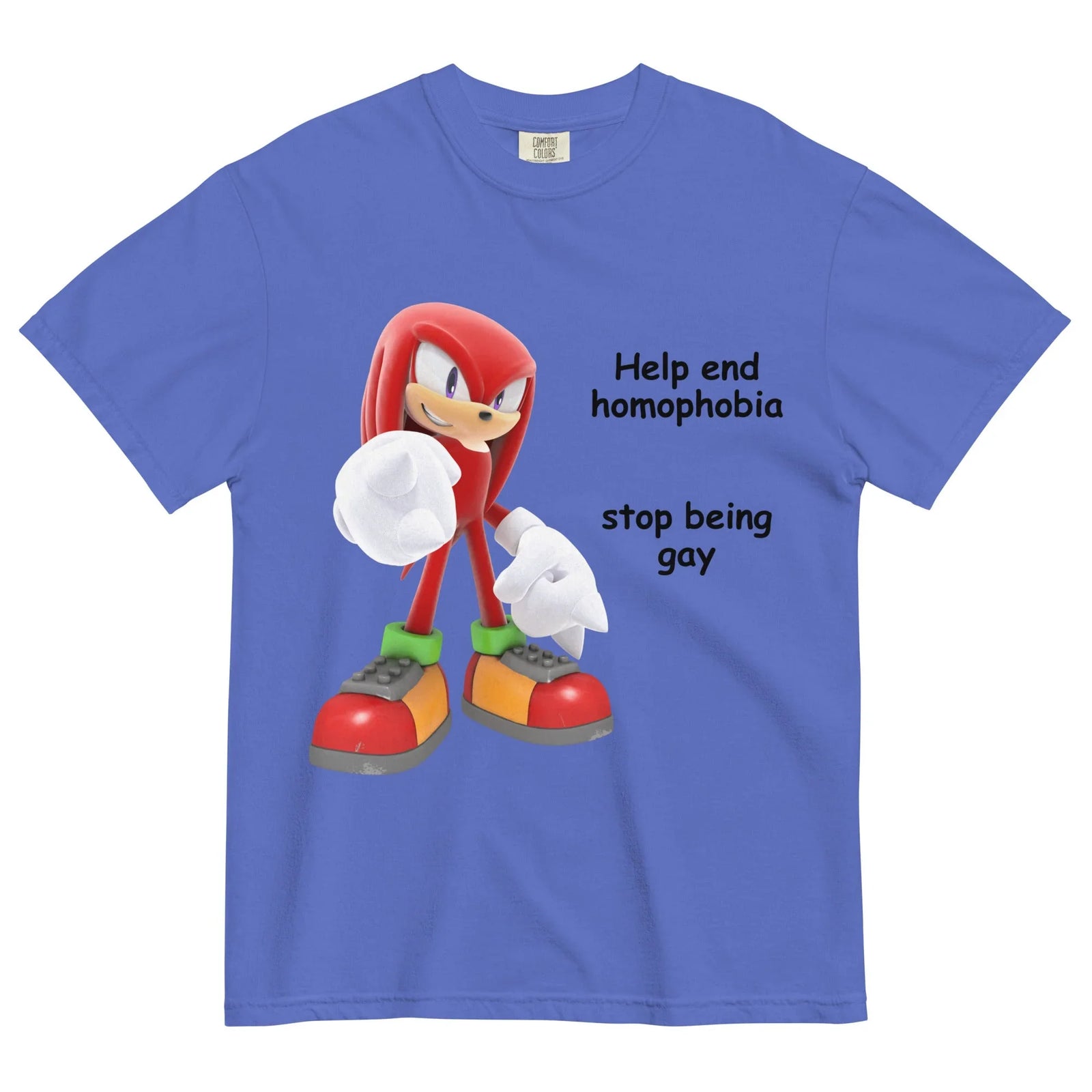 Important PSA T-Shirt - The crimson anthropomorphic echidna (#D02028) in an assertive stance, pointing its stark white (#FFFFFF) spiked boxing glove directly at the viewer, juxtaposed with the nonsensical two-part caption in jet black (#000000) jagged sans-serif font: "Help end homophobia" near the head and "stop being gay" near the waist, all set against a vintage marigold (#FFC65C) base.