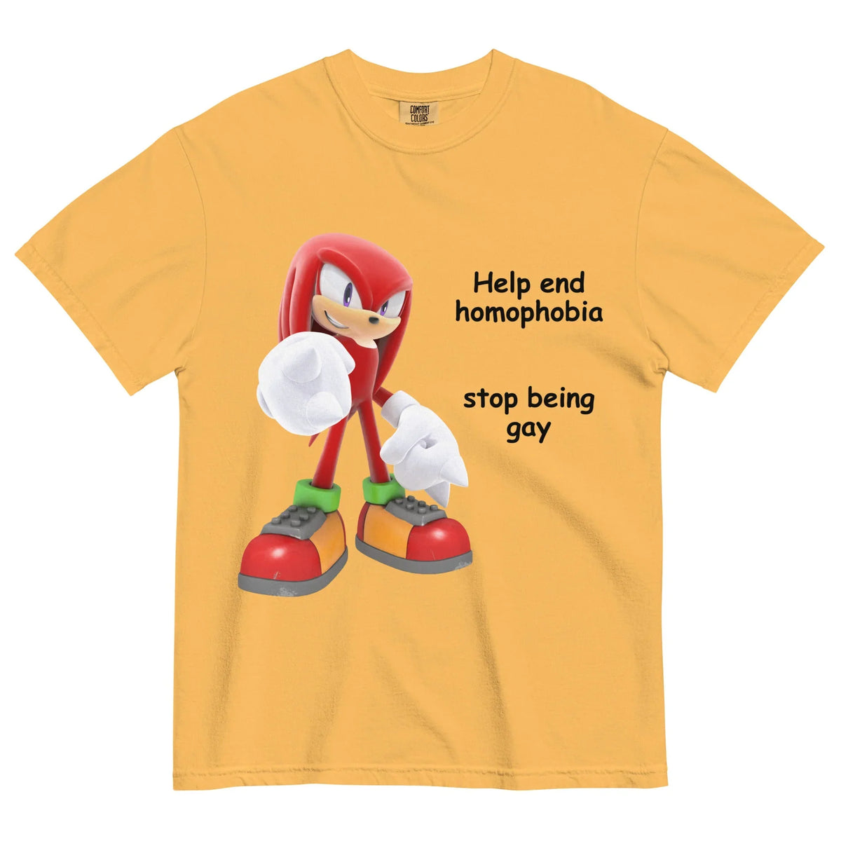 Set against a warm vintage marigold base, a 3D-rendered crimson echidna stands assertively while pointing a massive stark white spiked glove at the viewer. Contact us with accessibility feedback, we'd love to help!