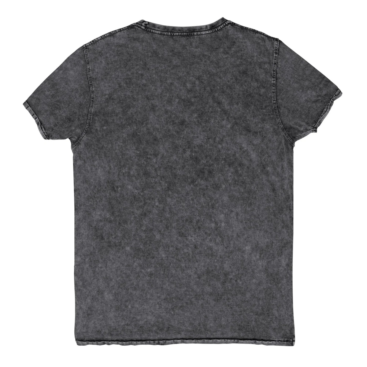 Indie Spacecat Denim T-Shirt - The surreal substitution of a greasy pepperoni pizza (#BE0032 pepperoni spice, #FFC30B golden mozzarella) for a vinyl record being scratched by a serious-faced tabby cat.