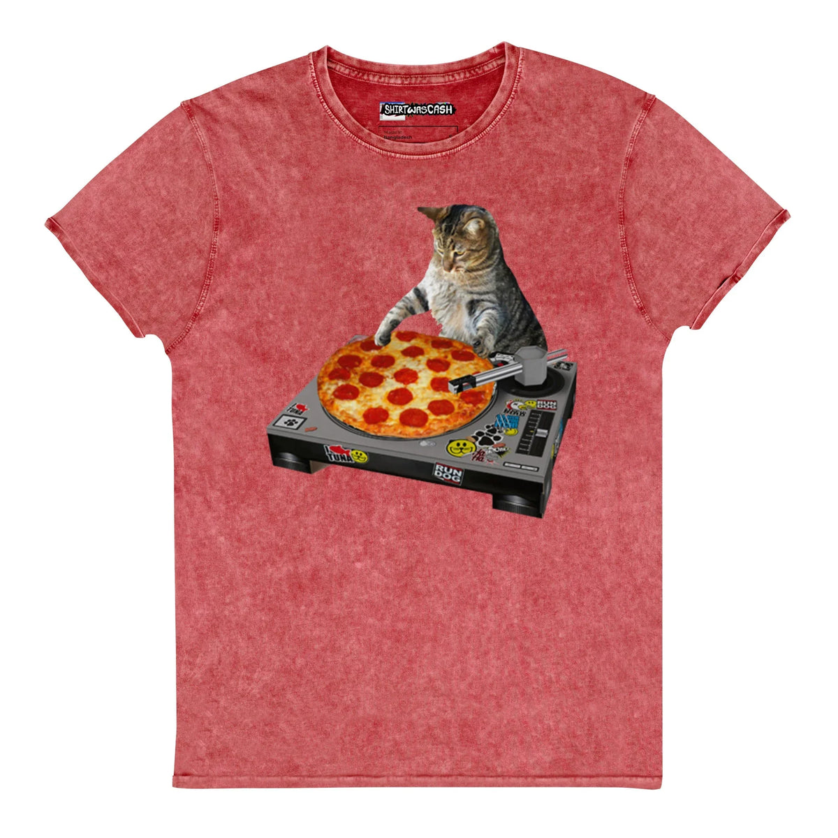 Indie Spacecat Denim T-Shirt in Vintage Charcoal Acid Wash. Zero-Crack HD Print, Made-to-Order (Zero Overproduction), Sweatshop-Free Production (US/EU).