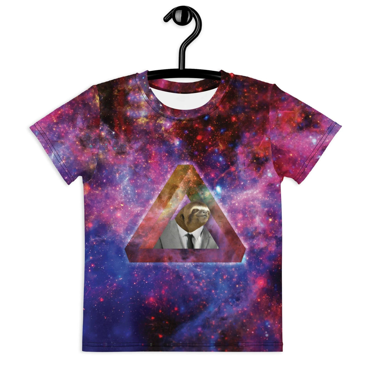 A surreal cosmic design features a photorealistic sloth in corporate attire (grey suit, white shirt, black tie) seated within a glowing amber Penrose triangle. Contact us with accessibility feedback, we'd love to help!