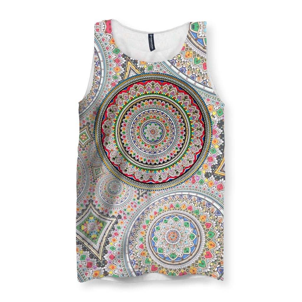 Infinite Mandala Men's Tank - The dense, vibrating optical illusion of the radial mandala centerpiece, specifically where the rusty brick red (#A52A2A) rings intersect with the oxidized teal (#008080) in a recursive, infinite loop pattern.