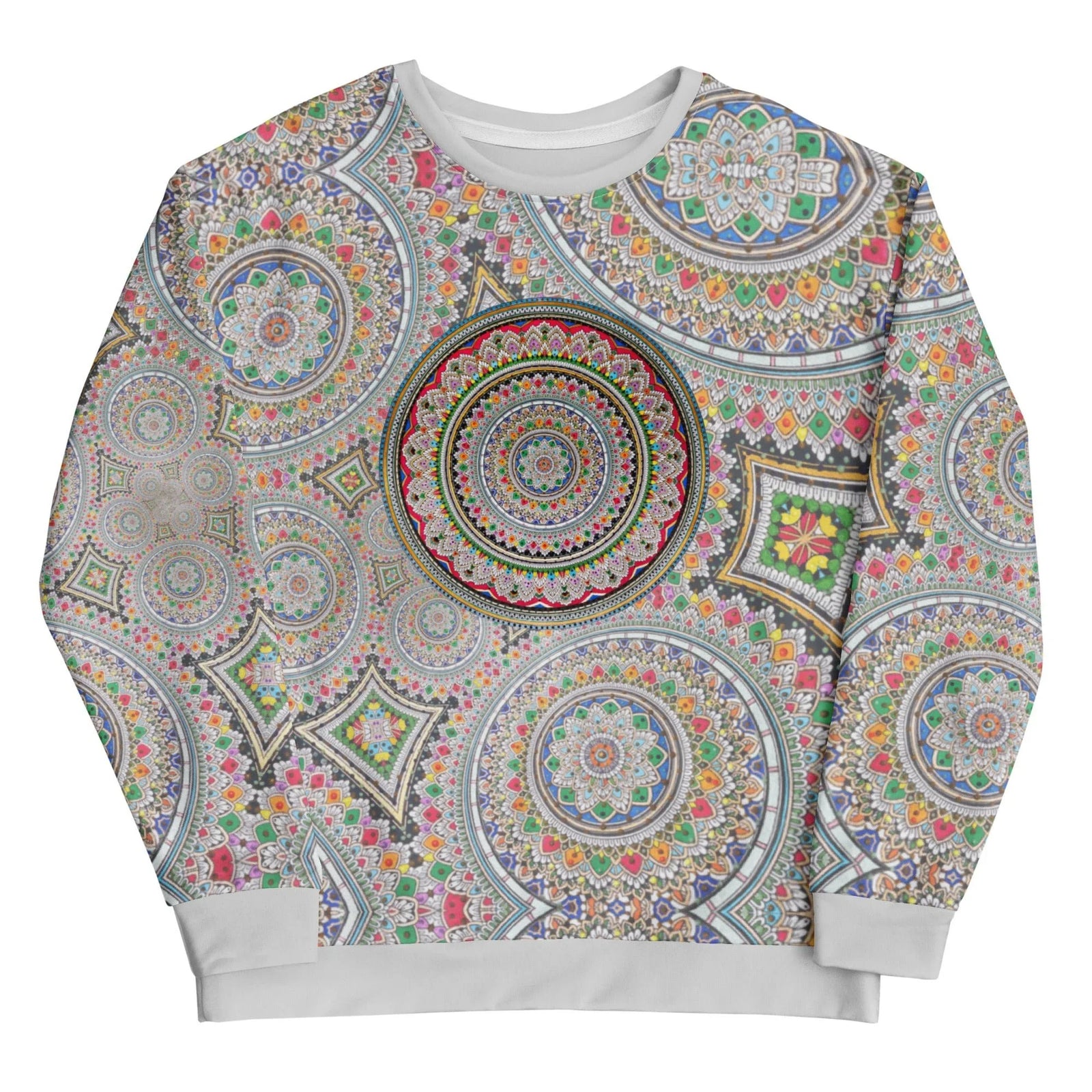 A kaleidoscopic mandala design explodes across this sweatshirt in concentric rings of geometric petals and diamond interludes, creating an infinite tapestry effect. Contact us with accessibility feedback, we'd love to help!