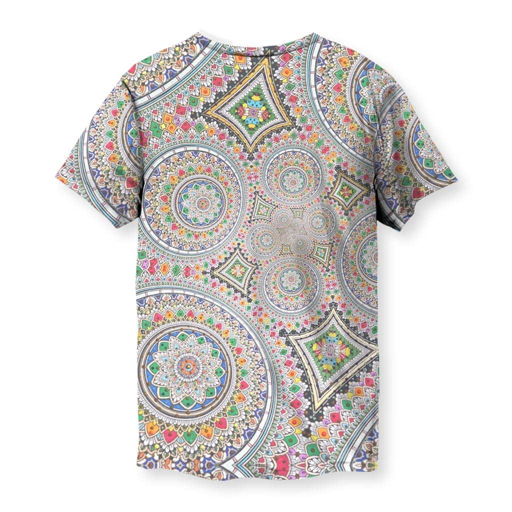Infinite Mandala T-Shirt - The dizzying concentration of #DC143C ruby, #FFC300 marigold, #008080 teal, and #4169E1 blue dots mimicking traditional yarn painting or Huichol beadwork on a flat synthetic surface