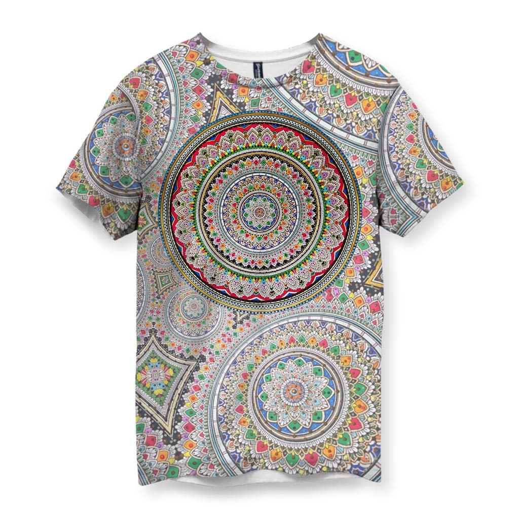 This men's t-shirt explodes with a massive concentric mandala across the chest, radiating outward in stippled dots and petal shapes that mimic traditional Huichol beadwork. Contact us with accessibility feedback, we'd love to help!