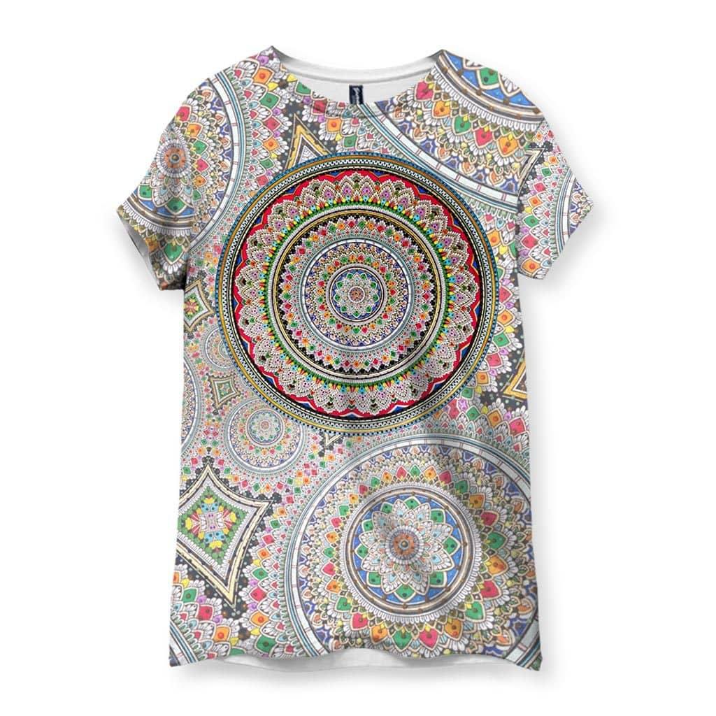 A kaleidoscope of spiritual mandalas explodes across the shirt in pointillist style, with a dominant circular medallion radiating from the chest in concentric rings. Contact us with accessibility feedback, we'd love to help!