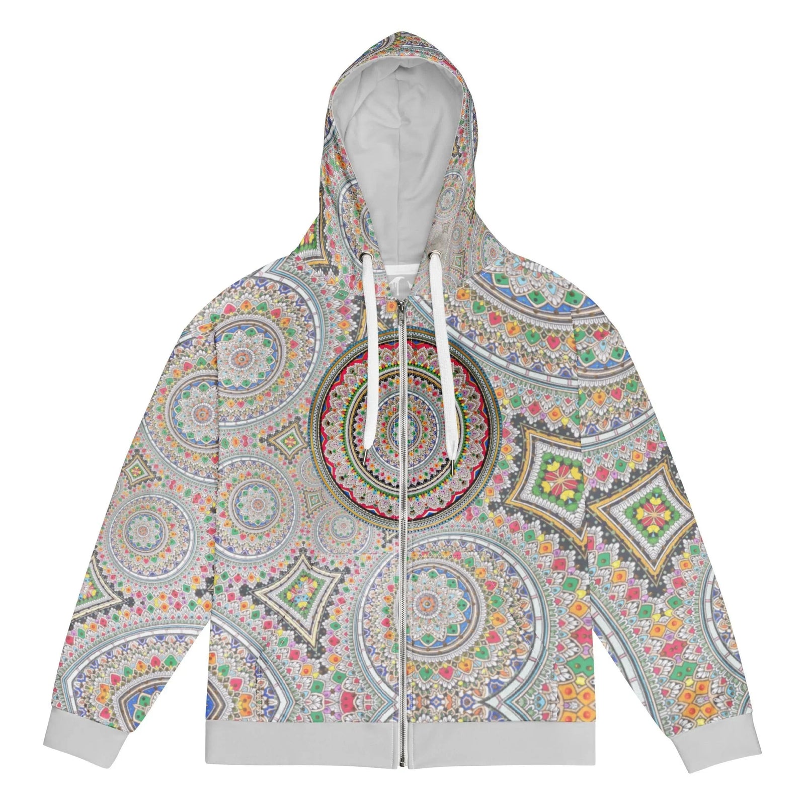 Infinite Mandala Zip Hoodie - The vibrating optical illusion created by the contrast between vivid crimson ruby (#C9252C) anchors and sunlit saffron (#F4C430) rings within the recursive mandala structure