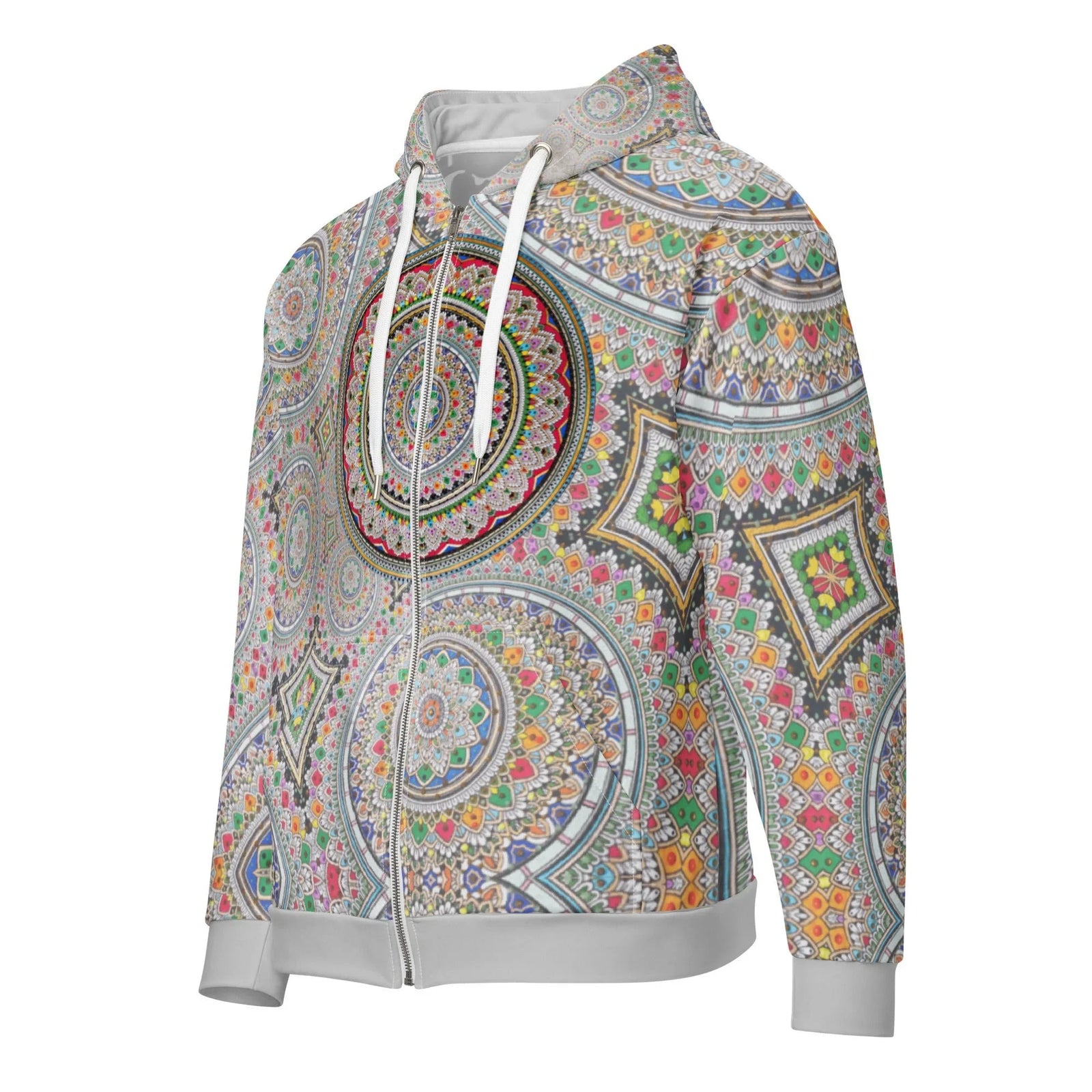 This zip-up hoodie features an "Infinite Mandala" print with kaleidoscopic geometry—dense circular medallions and diamond tiles filled with stylized petals and filigree (think Moroccan zellige meets rangoli art). Contact us with accessibility feedback, we'd love to help!
