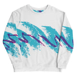A stark white sweatshirt explodes with a bold graphic straight from 90s nostalgia—a sweeping electric teal brushstroke (textured and speckled like vintage dry-brush art) slashed through by a wild grape violet scribble in frenetic crayon style. Contact us with accessibility feedback, we'd love to help!