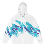 A stark white hoodie explodes with 90s nostalgia—a massive teal brushstroke (that jagged aqua crayon energy) sweeps horizontally across the chest and sleeves like vintage disposable cup art. Contact us with accessibility feedback, we'd love to help!