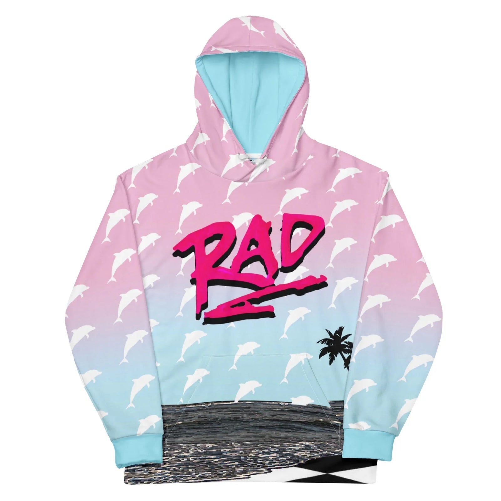 This hoodie blasts nostalgic '90s vibes with a pink-to-cyan gradient backdrop dotted with white leaping dolphins. Contact us with accessibility feedback, we'd love to help!