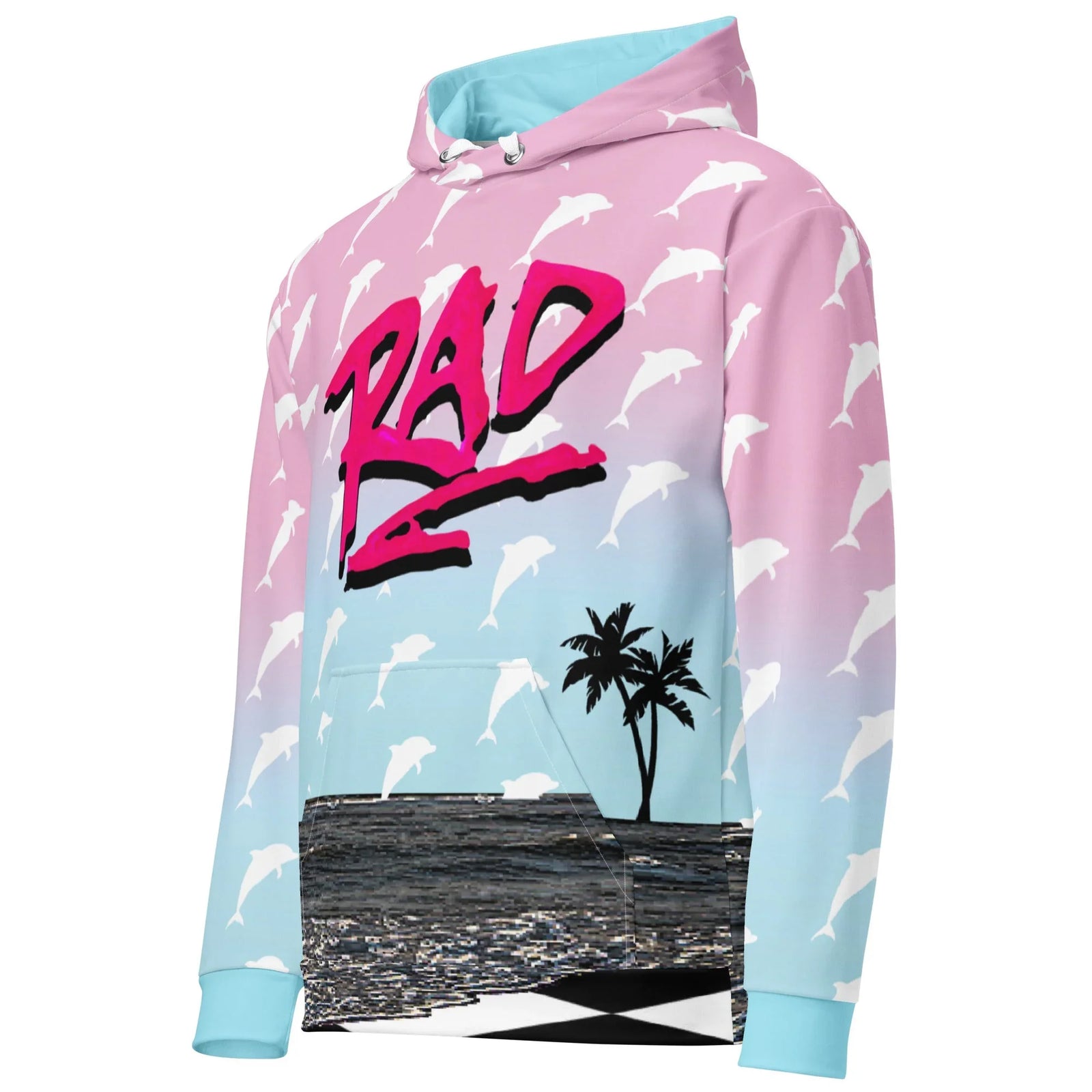 Just a Rad Hoodie - The collision of the nostalgic "Jazz Cup" style teal-and-pink gradient (#F7C6DA to #8FD6F0) with the aggressive, data-moshed static texture at the hemline.