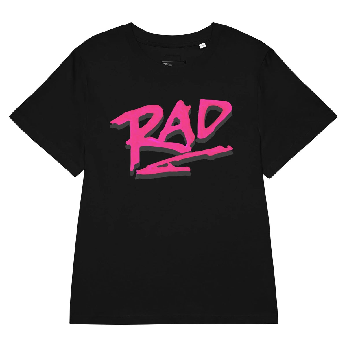 Just a Rad Women's Tee - The jagged electric magenta (#FF00CC) brushstroke text offset by a hard-edged jet black (#000000) drop shadow