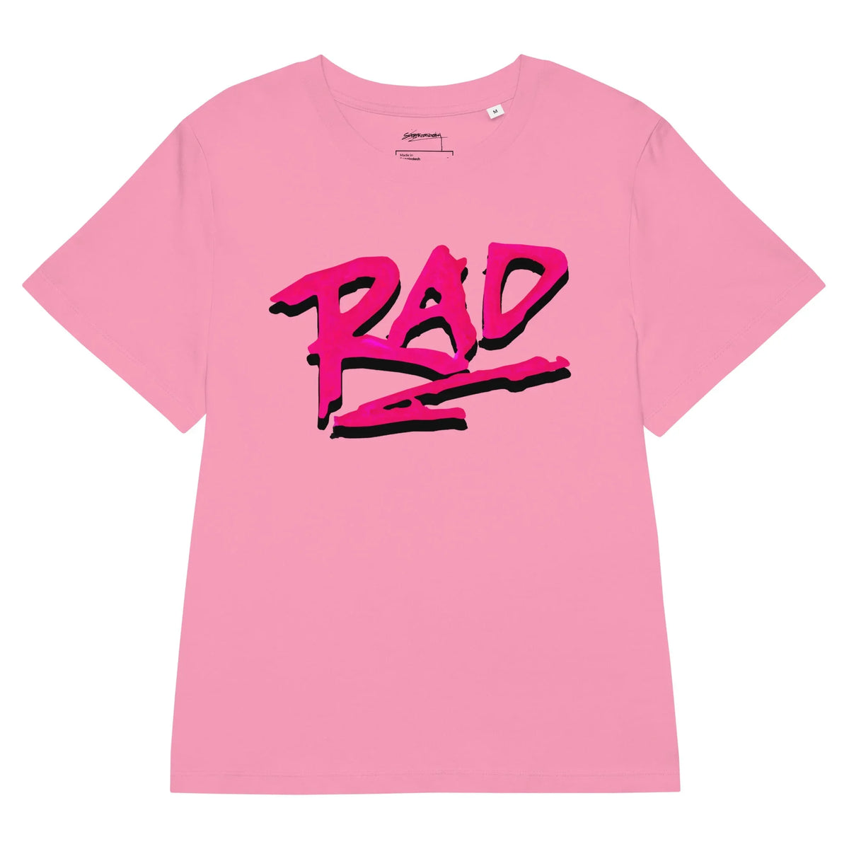 Just a Rad Women's Tee in Electric Magenta on Mist. GOTS Certified, OCS Certified, Eco-Certified Inks.