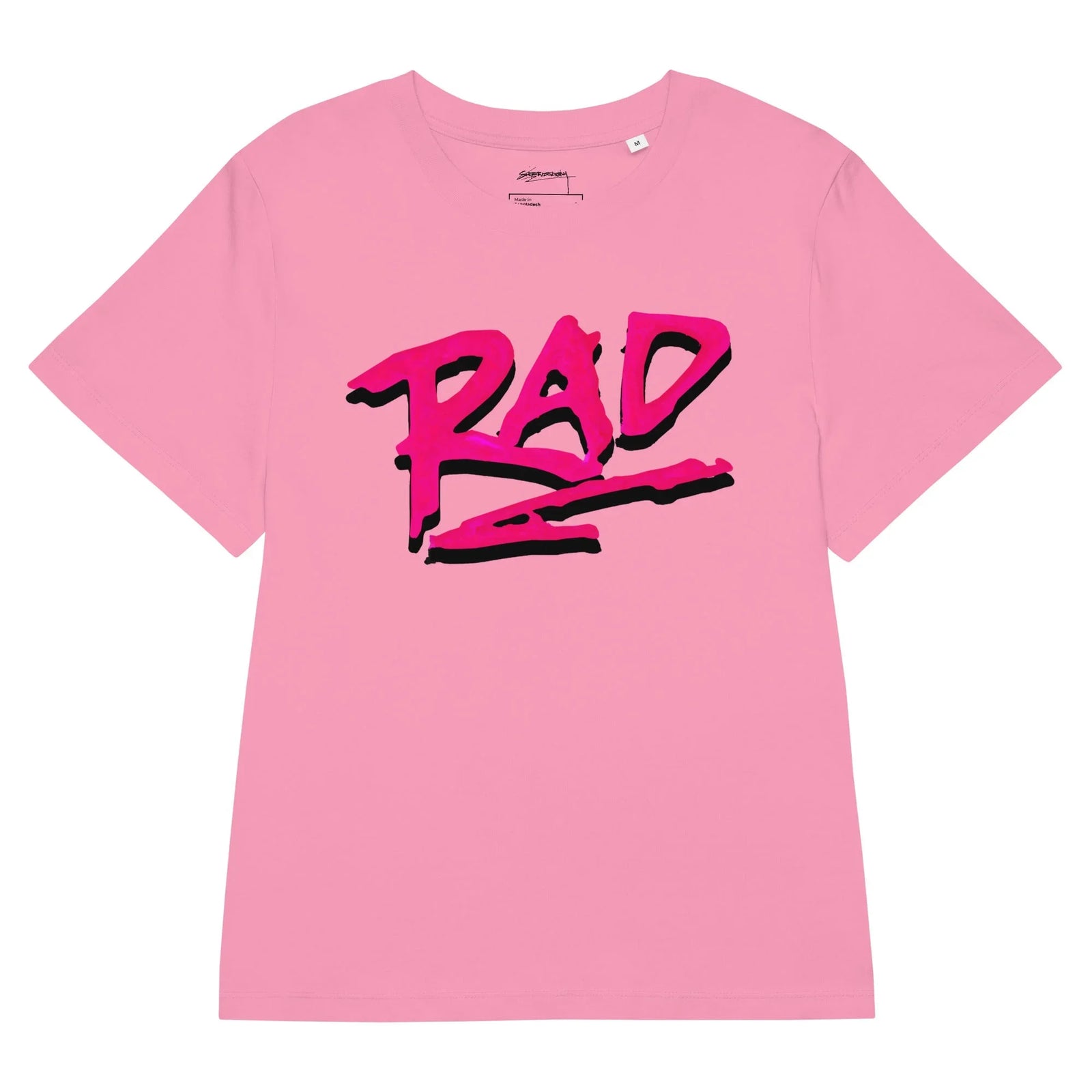 Just a Rad Women's Tee in Electric Magenta on Mist. GOTS Certified, OCS Certified, Eco-Certified Inks.