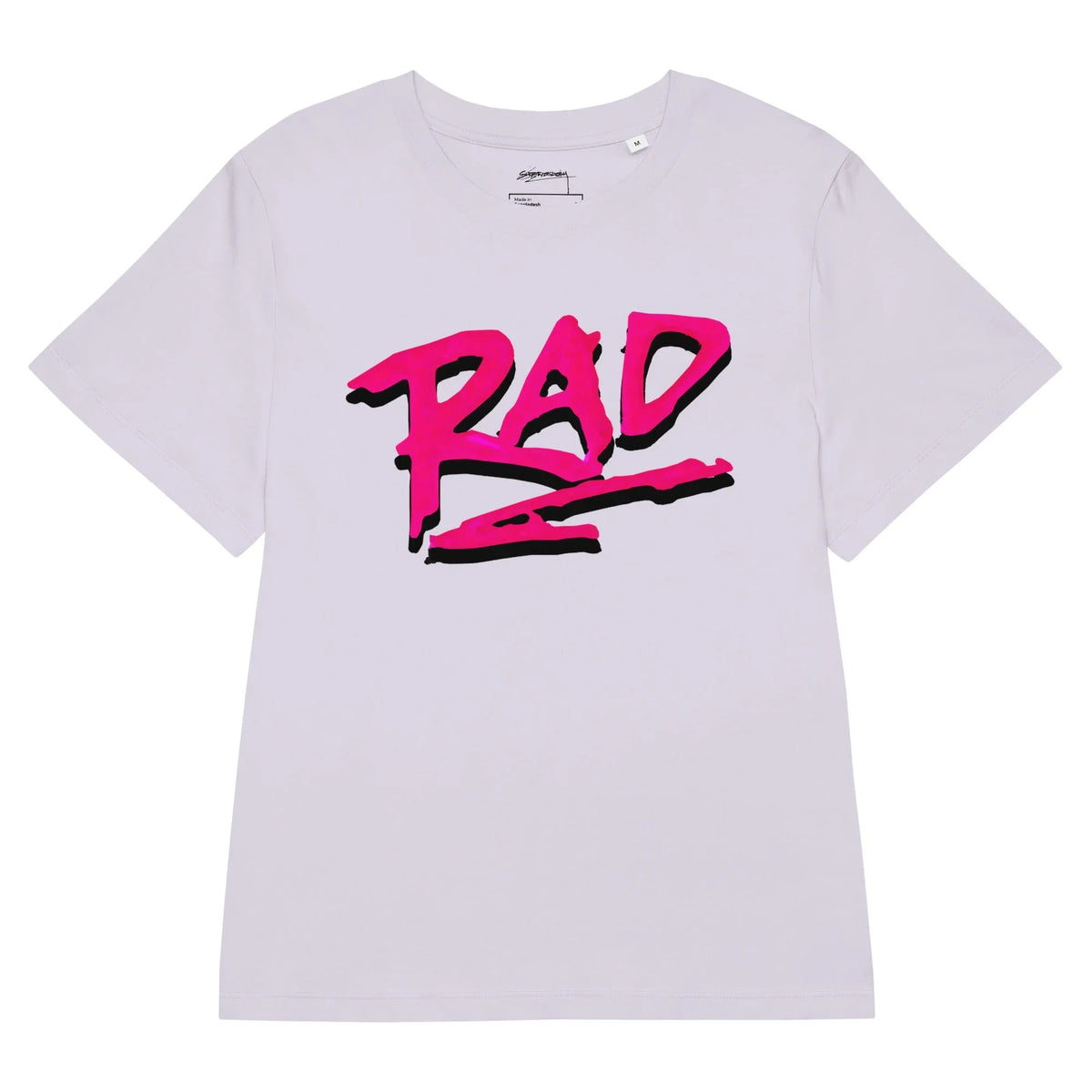 A pale lavender tee features "RAD" in jagged, electric magenta lettering with bold black drop shadows, channeling raw 80s street art energy. Contact us with accessibility feedback, we'd love to help!