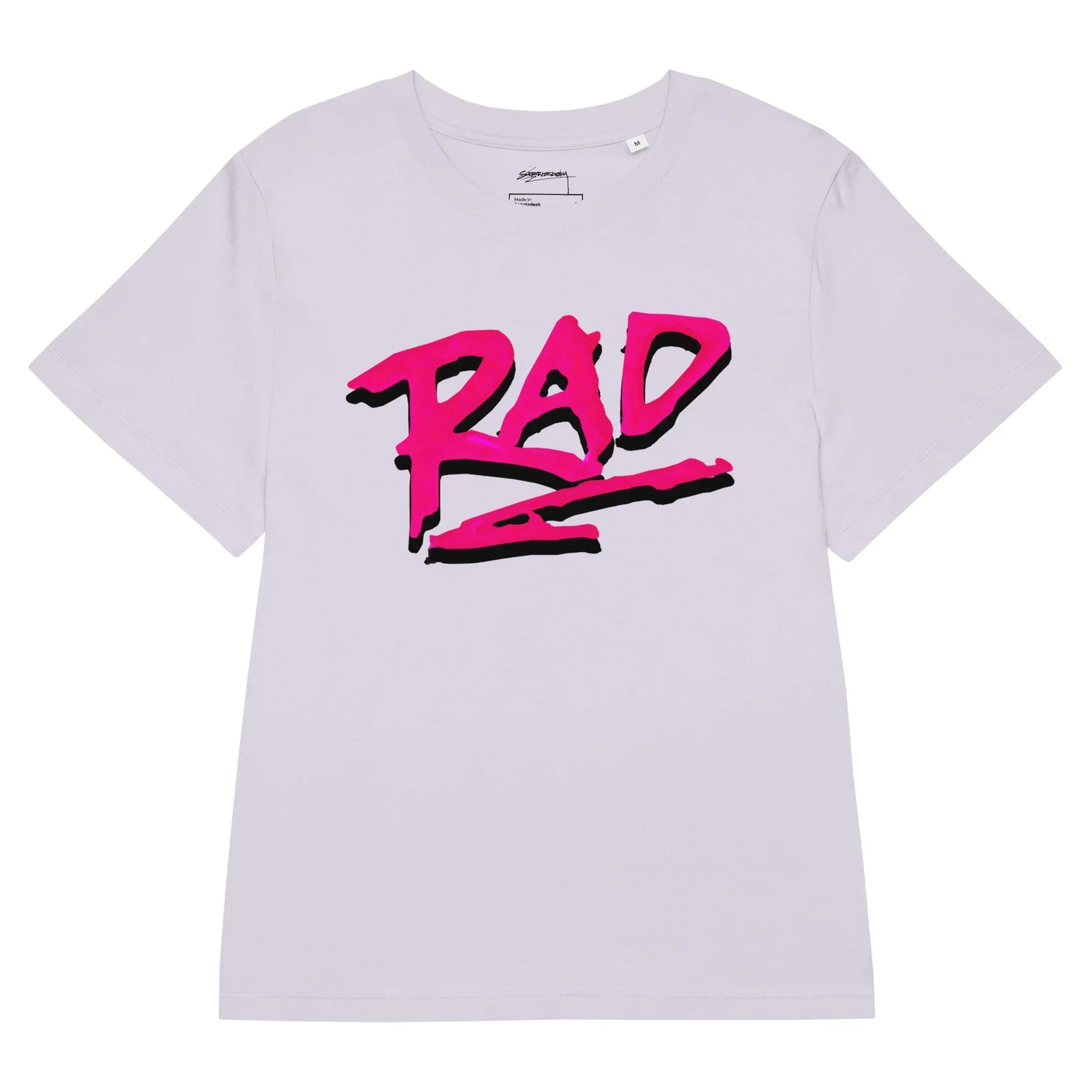 A pale lavender tee features "RAD" in jagged, electric magenta lettering with bold black drop shadows, channeling raw 80s street art energy. Contact us with accessibility feedback, we'd love to help!