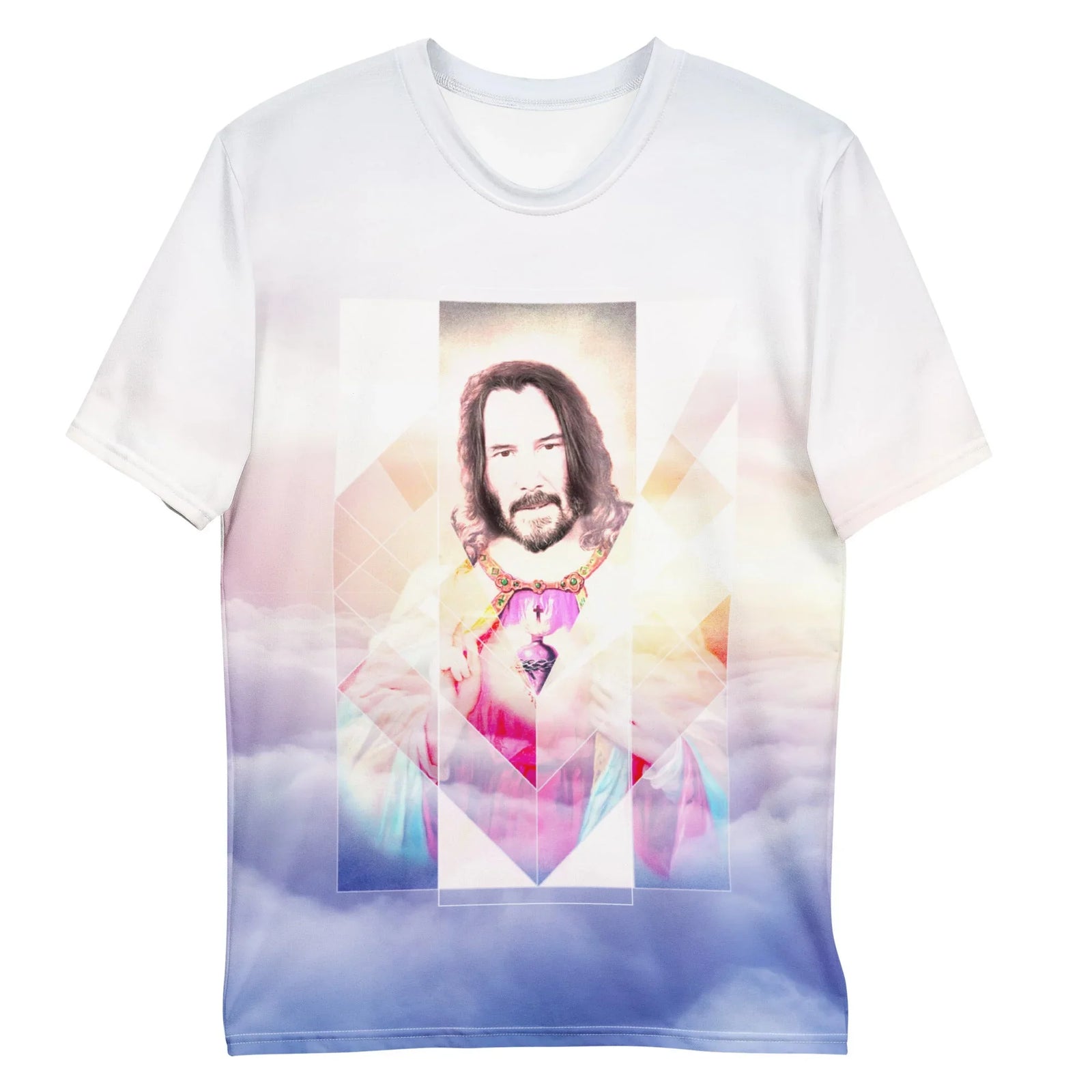 This surreal design depicts a long-haired action cinema icon as a bearded savior, draped in deep crimson and gold robes while gesturing to a glowing heart emblem. Contact us with accessibility feedback, we'd love to help!