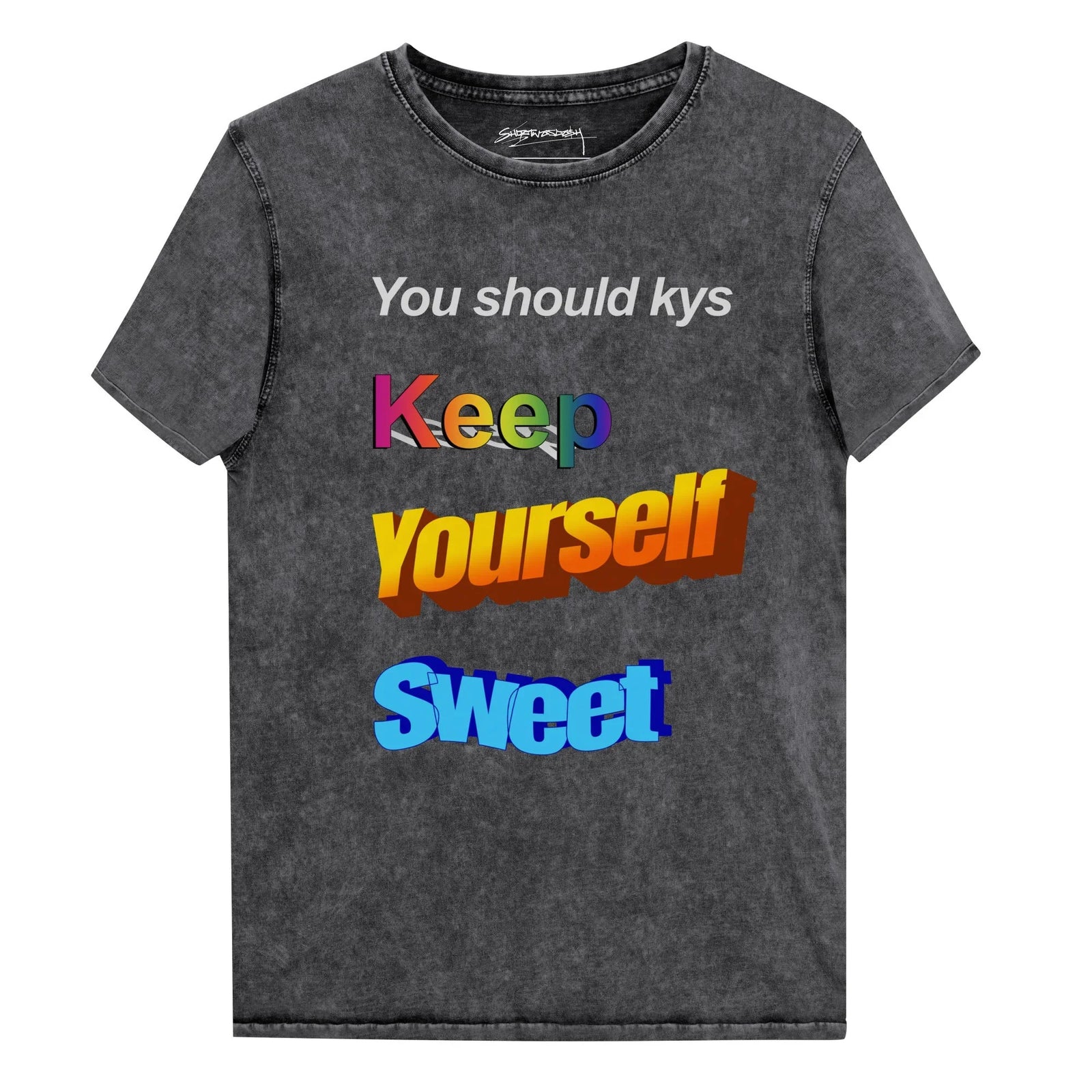 Keep Yourself Sweet T-Shirt - The discordant trio of "Microsoft Word Art" styles, specifically the warm marigold isometric 3D blocks (#FFC125) clashing with liquid cerulean bubble letters (#00BFFF)