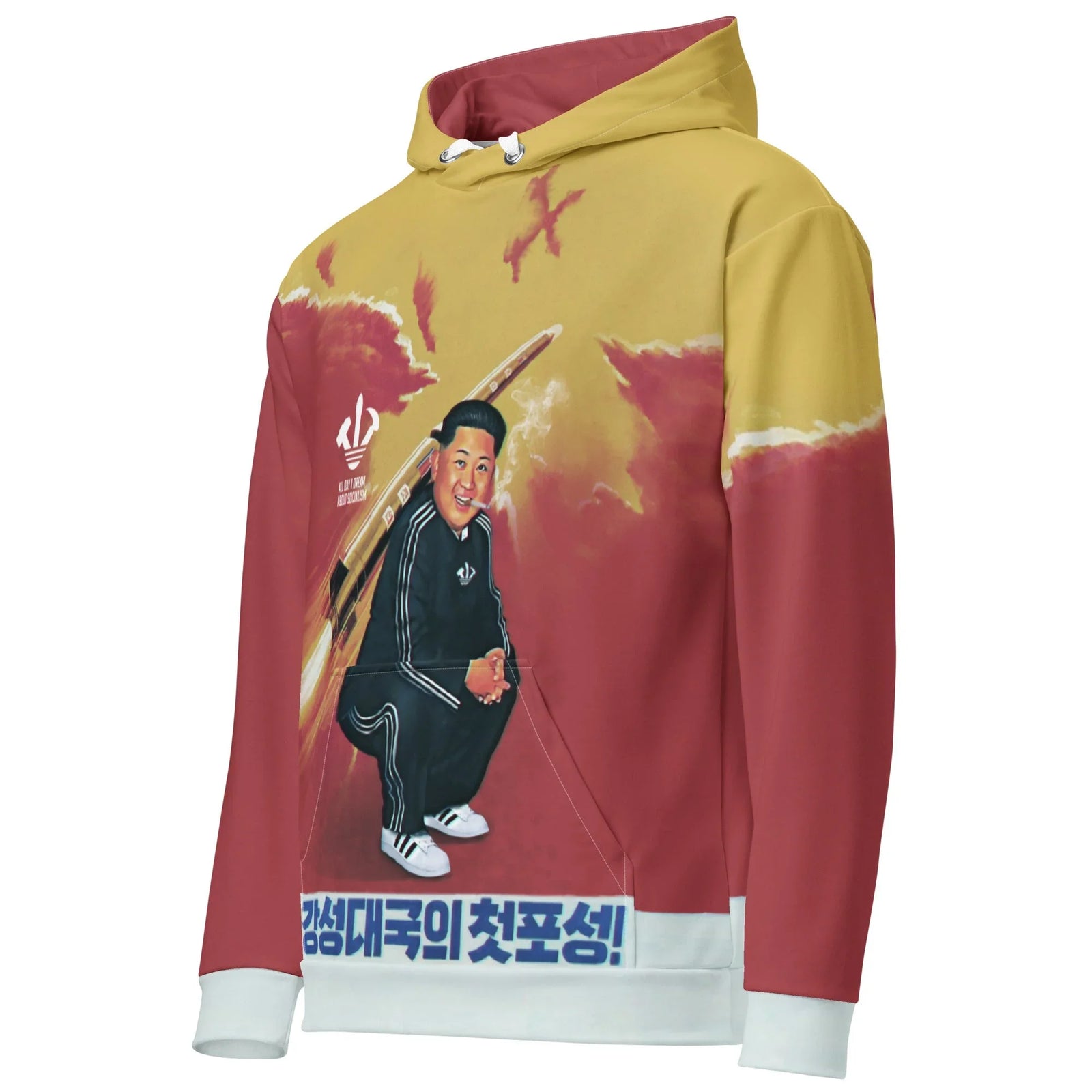 Kim Jong Trill Hoodie - The specific combination of the "Slav squat" posture in a retro ink-black (#000000) tracksuit with white (#FFFFFF) triple-stripe piping, paired with the parodied "All Day I Dream About Socialism" chest logo.