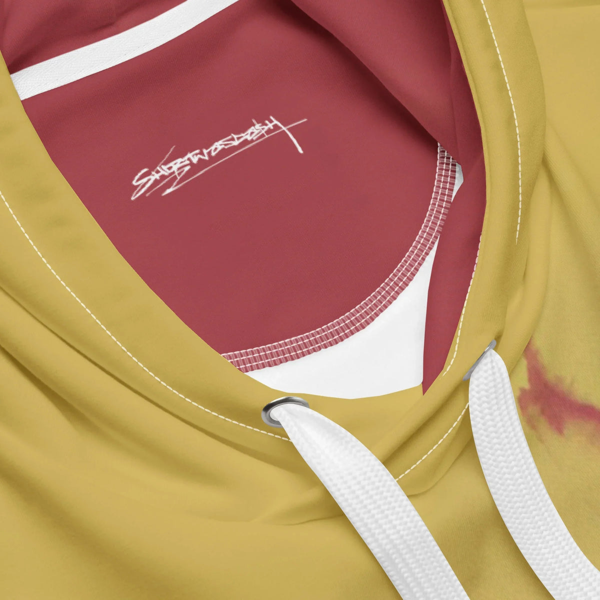 Kim Jong Trill Hoodie in Satirical Mustard and Crimson. OEKO-TEX® 100, REACH Compliant, GRS Certified.