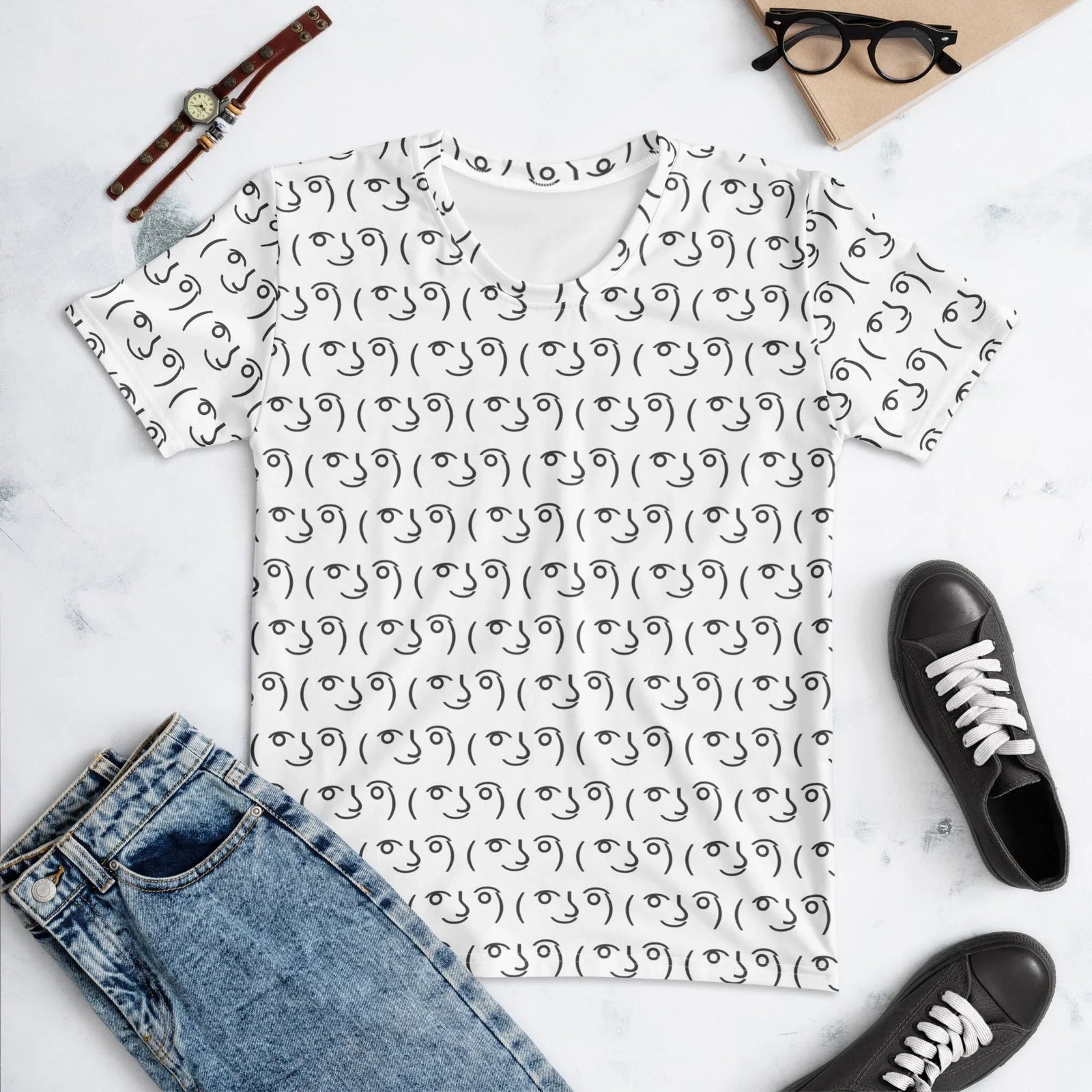 Lenny Face Women's Tee in Monochromatic Digital Canvas. OEKO-TEX® 100, REACH Compliant, Zero-Wastewater Printing.