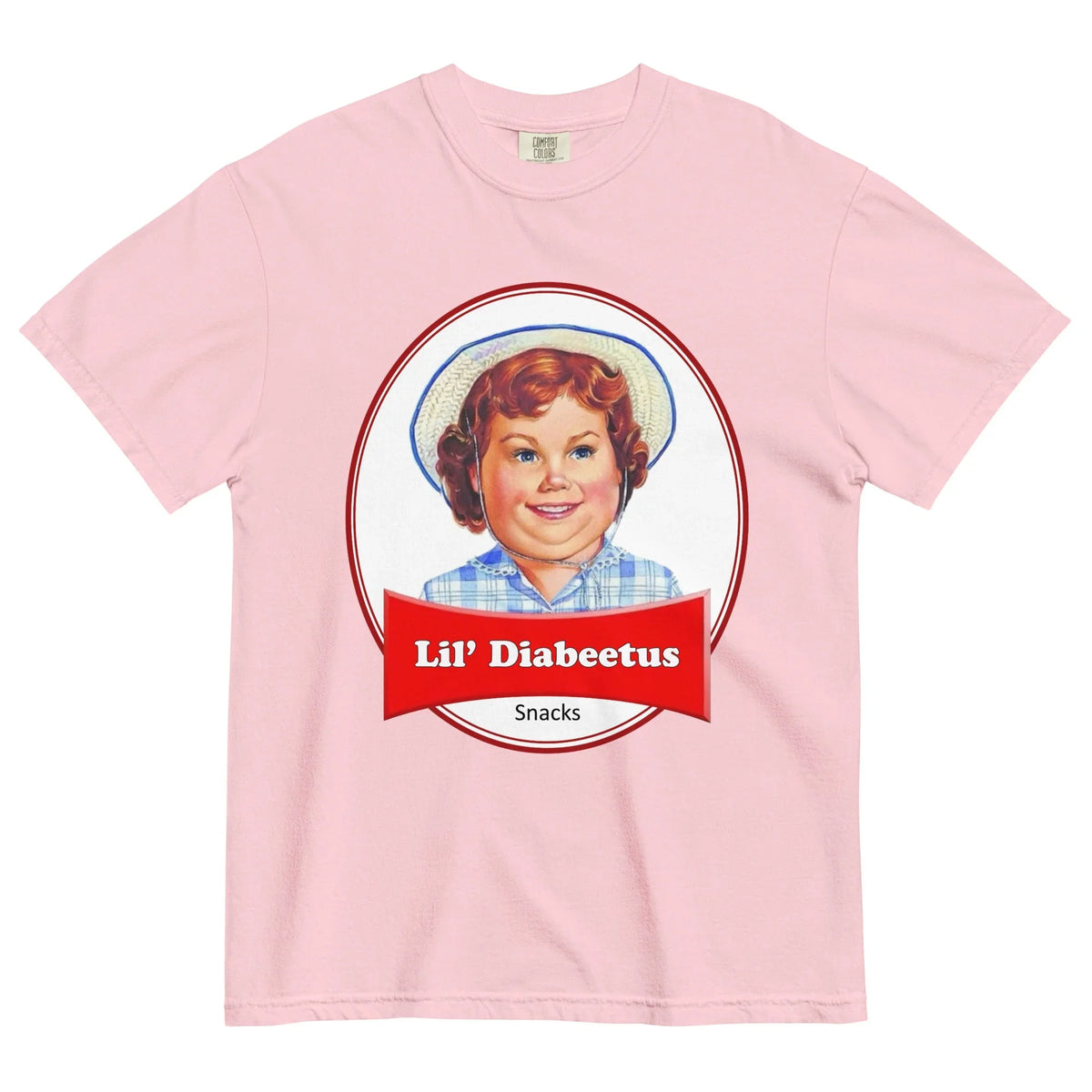 Lil Diabeetus T-Shirt - The corrupted crimson ribbon (#C8102E) and straw hat silhouette on a dusty periwinkle base (#93A8C6), pairing the wholesome mascot with the phonetic "Diabeetus" spelling