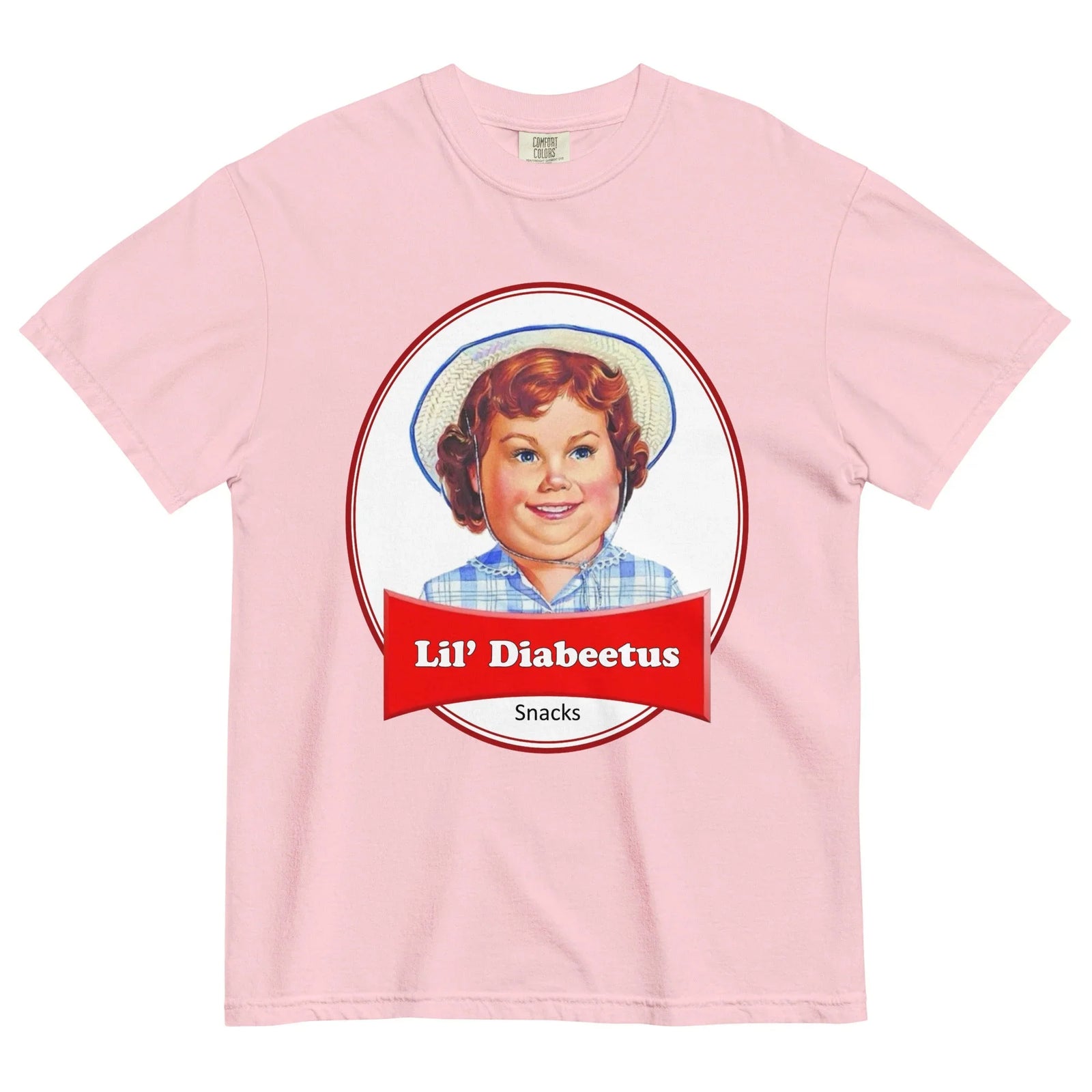 Lil Diabeetus T-Shirt - The corrupted crimson ribbon (#C8102E) and straw hat silhouette on a dusty periwinkle base (#93A8C6), pairing the wholesome mascot with the phonetic "Diabeetus" spelling